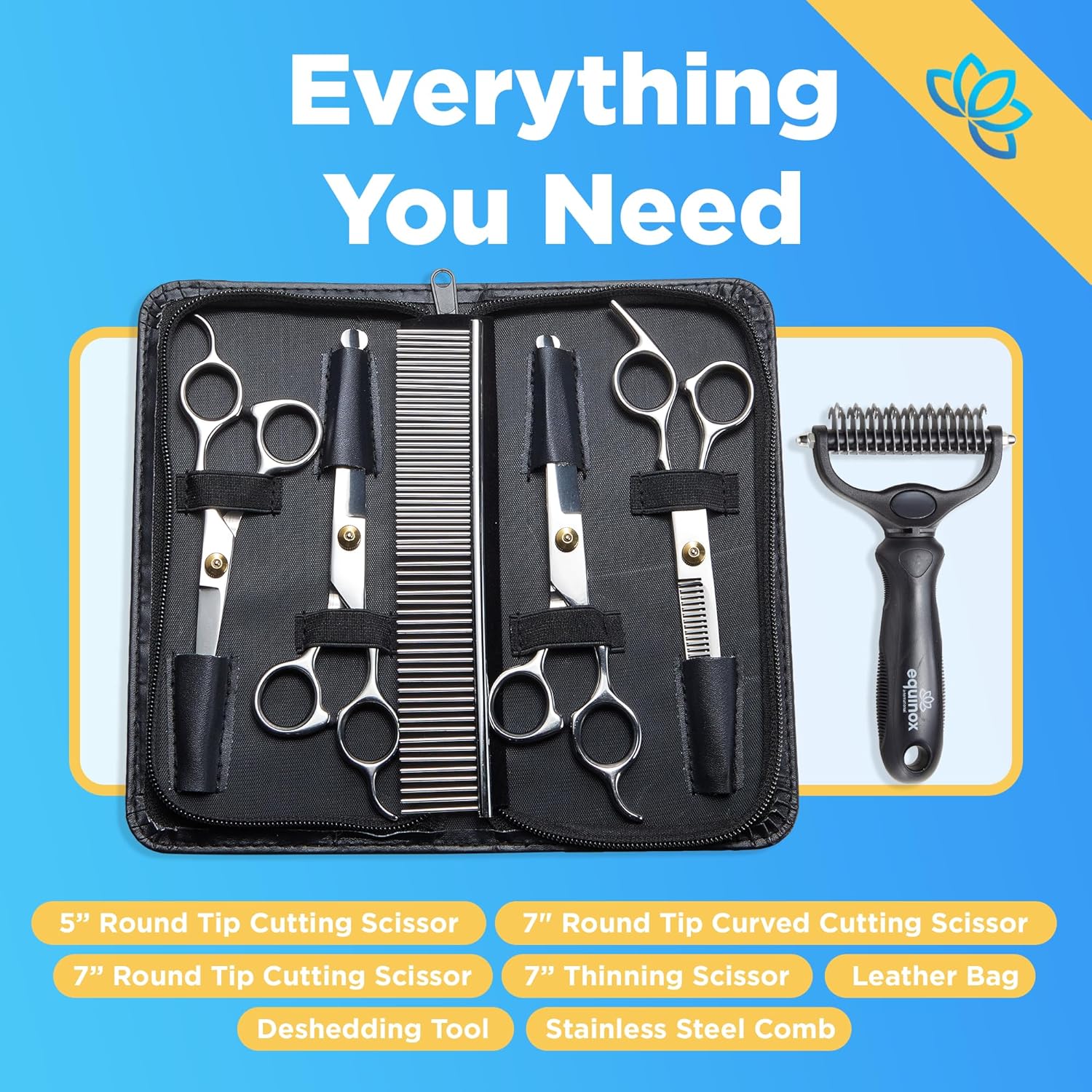 Equinox Dog Grooming Scissors & Deshedder - 7 in 1 Pet Grooming Scissors Set with undercoat brush - Curved Dog Scissors with safety tips - Includes Thinning & Rounded Shears - For dogs & cats - Image 6