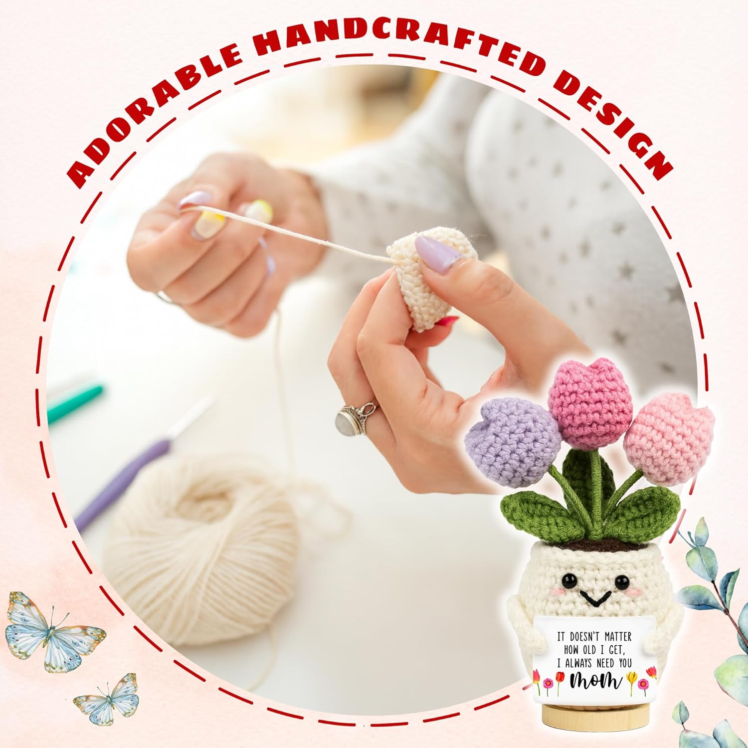 Gifts for Mom from Daughter Son - Cute Mothers Day, Birthday Gifts for Moms, Mother, Mama - 5.51'' x 4.13'' Mother's Day Knitted Positive Tulip Flowers Mom Crochet Doll - Image 4