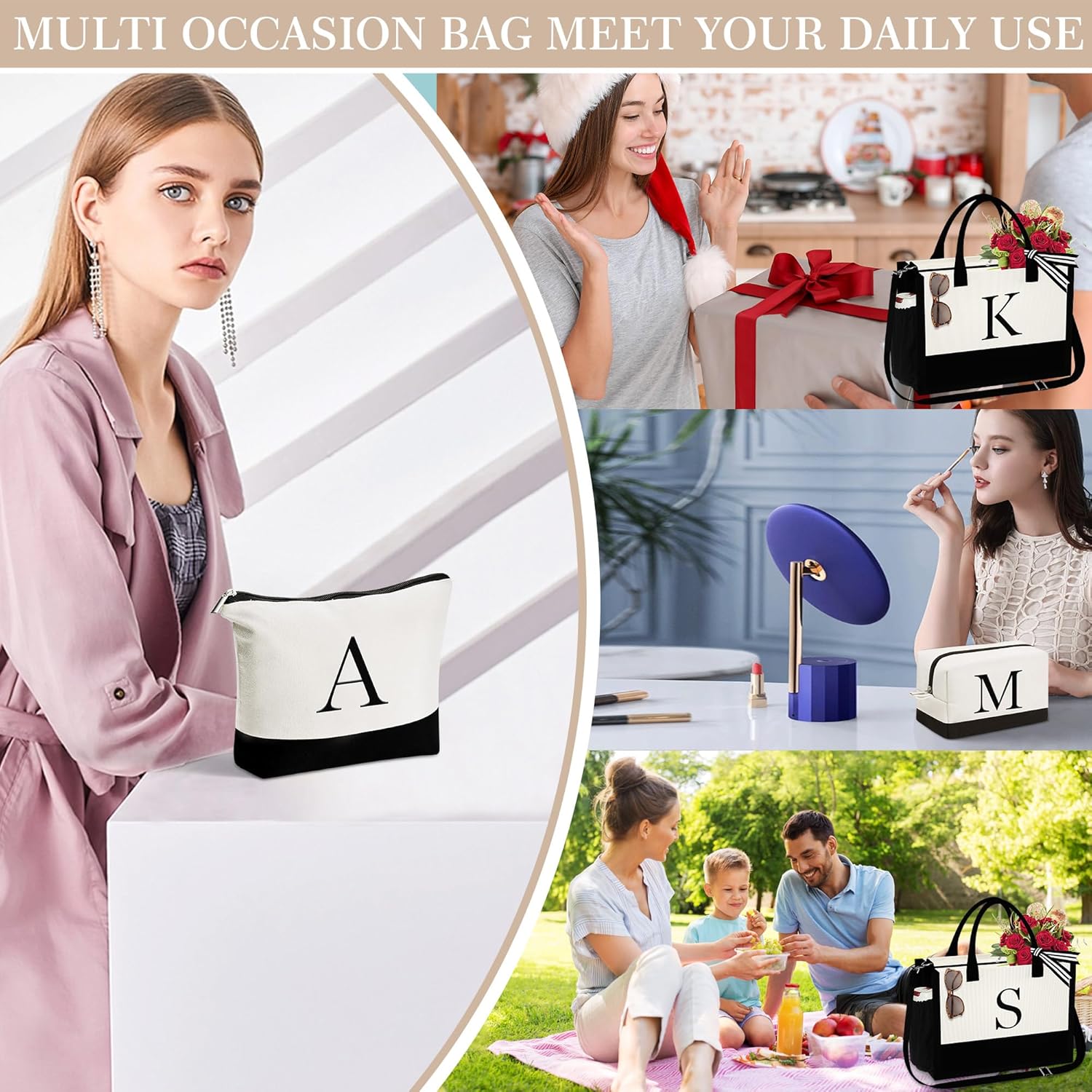 YOOLIFE Gifts for Women - Initial Canvas Tote Bag & Makeup Bag, Birthday Gifts for Women Mom Sister Friends - Image 6