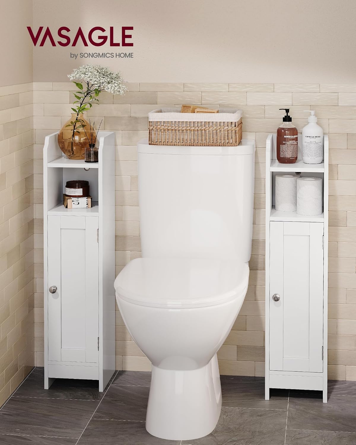 VASAGLE Small Storage Corner Floor Cabinet with Door, 7.9 x 7.1 x 31.5 Inches, Narrow Toilet Paper Storage Holder, Adjustable Shelves, for Bathroom, Living Room, Small Spaces, Cloud White UBBC310W01 - Image 2