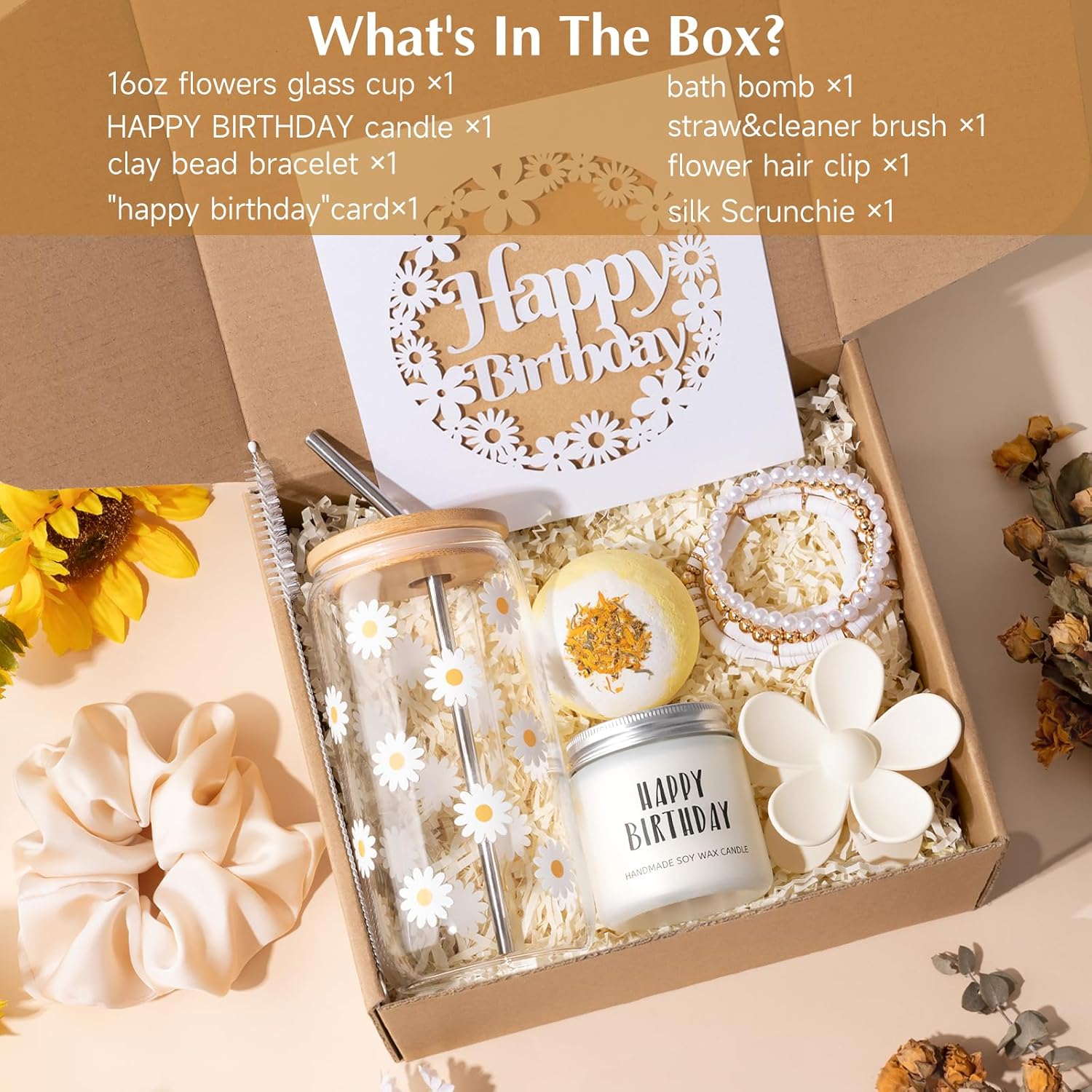 Birthday Gifts For Women, Teen Girl, Her - Gift Baskets with Cute Daisy Aesthetic Glass Cups Gift Set 7pcs - Perfect for Girl, Sister, Daughter, Friends - Image 2