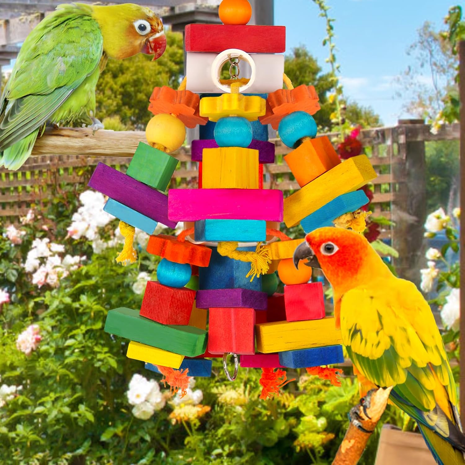 Kyouki Large Parrot Toy, Bird Toys for Cockatoos,Macaws, African Grey, Amazon Parrots,Conures, Lovebirds, Multicolored Natural Wooden Blocks Chewing Toys Bird Cage Accessories (Colorful) - Image 7