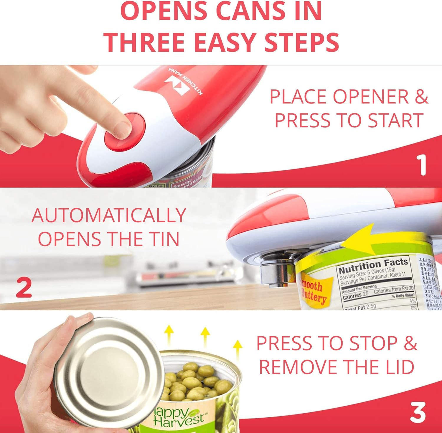 Kitchen Mama Auto Electric Can Opener: Open Your Cans with A Simple Press of Button - Automatic, Hands Free, Smooth Edge, Battery Operated, YES YOU CAN (Red) - Image 2