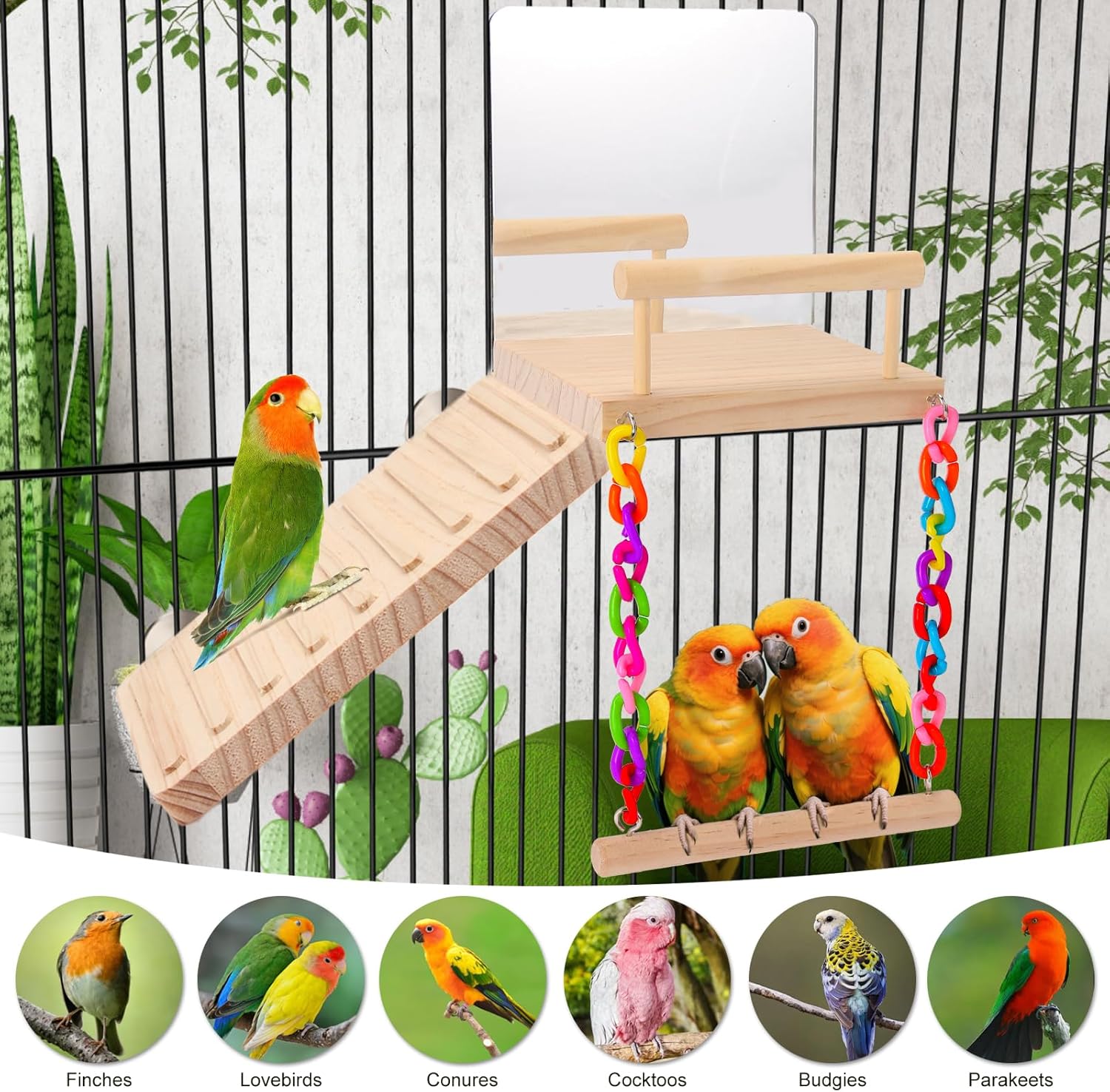KyoukiBird Perch Platform Bird Toys with Bird Mirror Climbing Ladder Swing, Parakeet Cage Accessories - for Cockatiels, Lovebirds, Budgies,Pacific Parrotlets,Finch,Canaries - Wooden Play Gym - Image 3