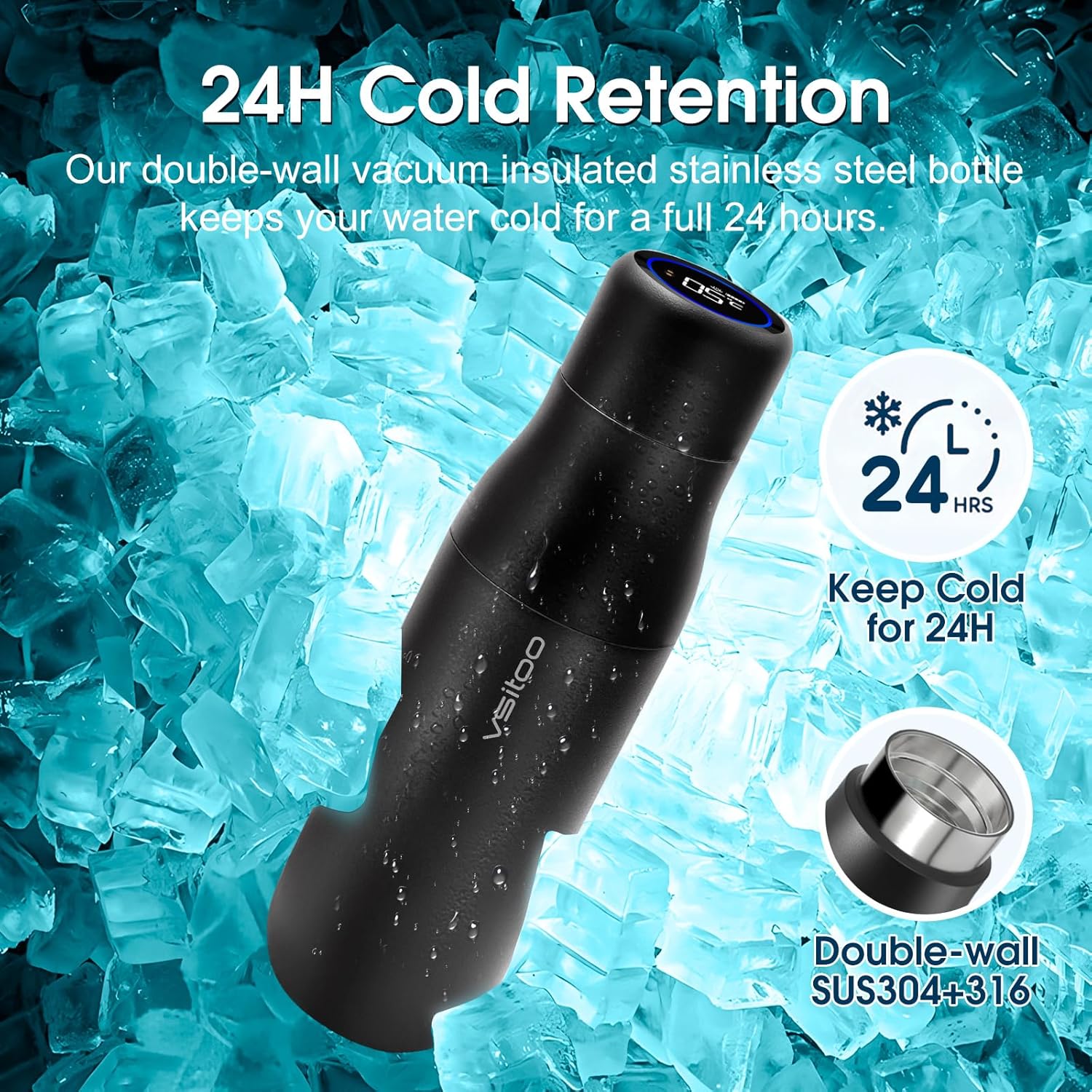 VSITOO 14.8oz Mini Smart Self-Cleaning Water Bottle,Small Insulated Stainless Steel Thermoses with AI Self-Clean, 30-Day Battery & Magnetic Charging for Travel, Gym, Office or Purse, Black - Image 6