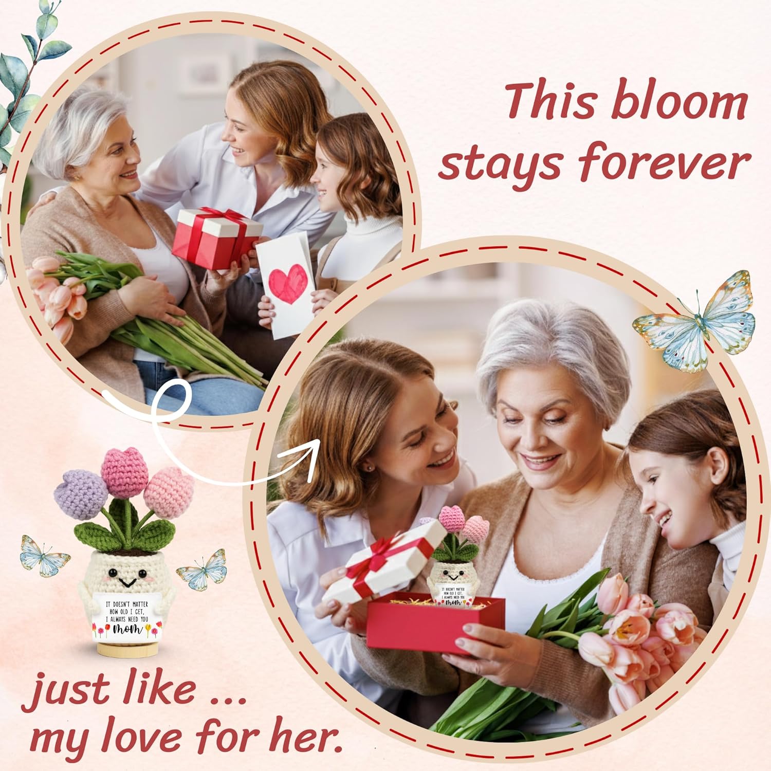 Gifts for Mom from Daughter Son - Cute Mothers Day, Birthday Gifts for Moms, Mother, Mama - 5.51'' x 4.13'' Mother's Day Knitted Positive Tulip Flowers Mom Crochet Doll - Image 2