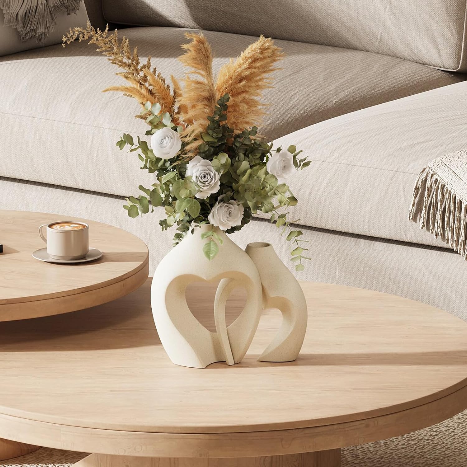 White Vases for Decor, Heart Shaped Ceramic Vase Set of 2, Nordic Heart Shaped Vases, Minimalist Decorative Vase for Table Centerpiece Wedding Dining Living Room Office House Decoration - Image 2