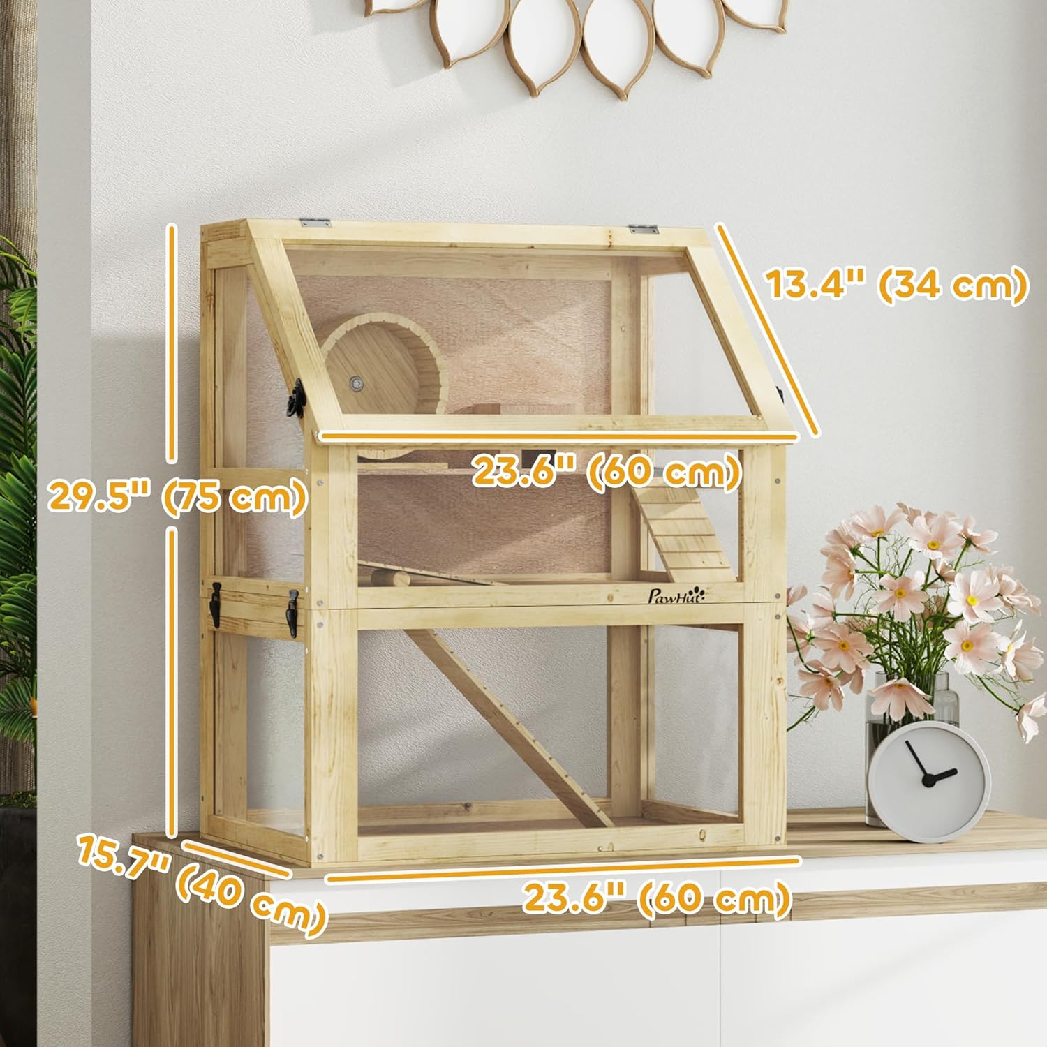 PawHut Wooden Hamster Cage, 3 Tier Small Animal Cage with Detachable 12.6" Deep Bottom, Hut, Seesaw, Exercise Wheel, Ramps, Hamster Habitat for Dwarf, Gerbil, 24" x 16" x 29.5" - Image 7