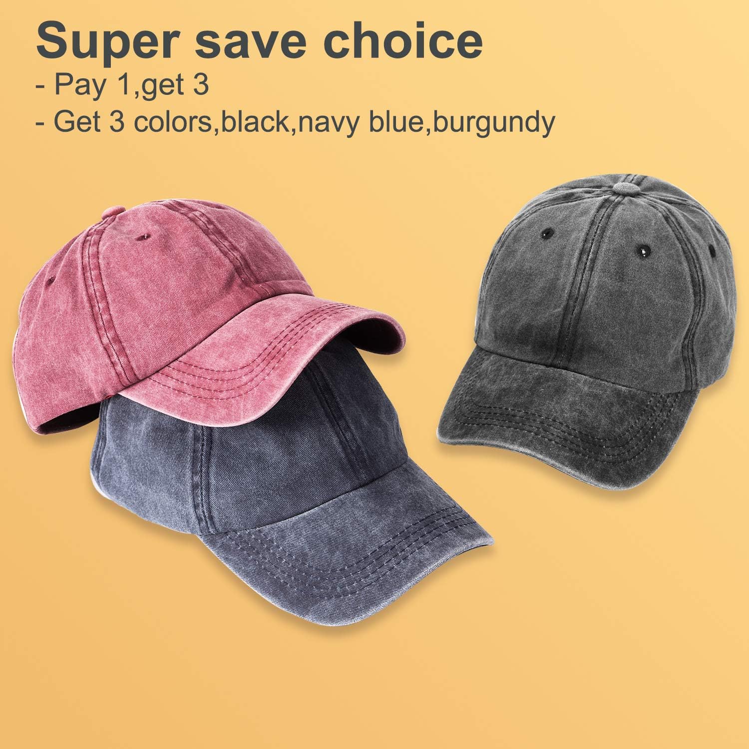 3 Packs Washed-Cotton Plain Baseball Cap, Vintage Adjustable Dad Hats Gift for Men/Women,Unstructured - Image 2
