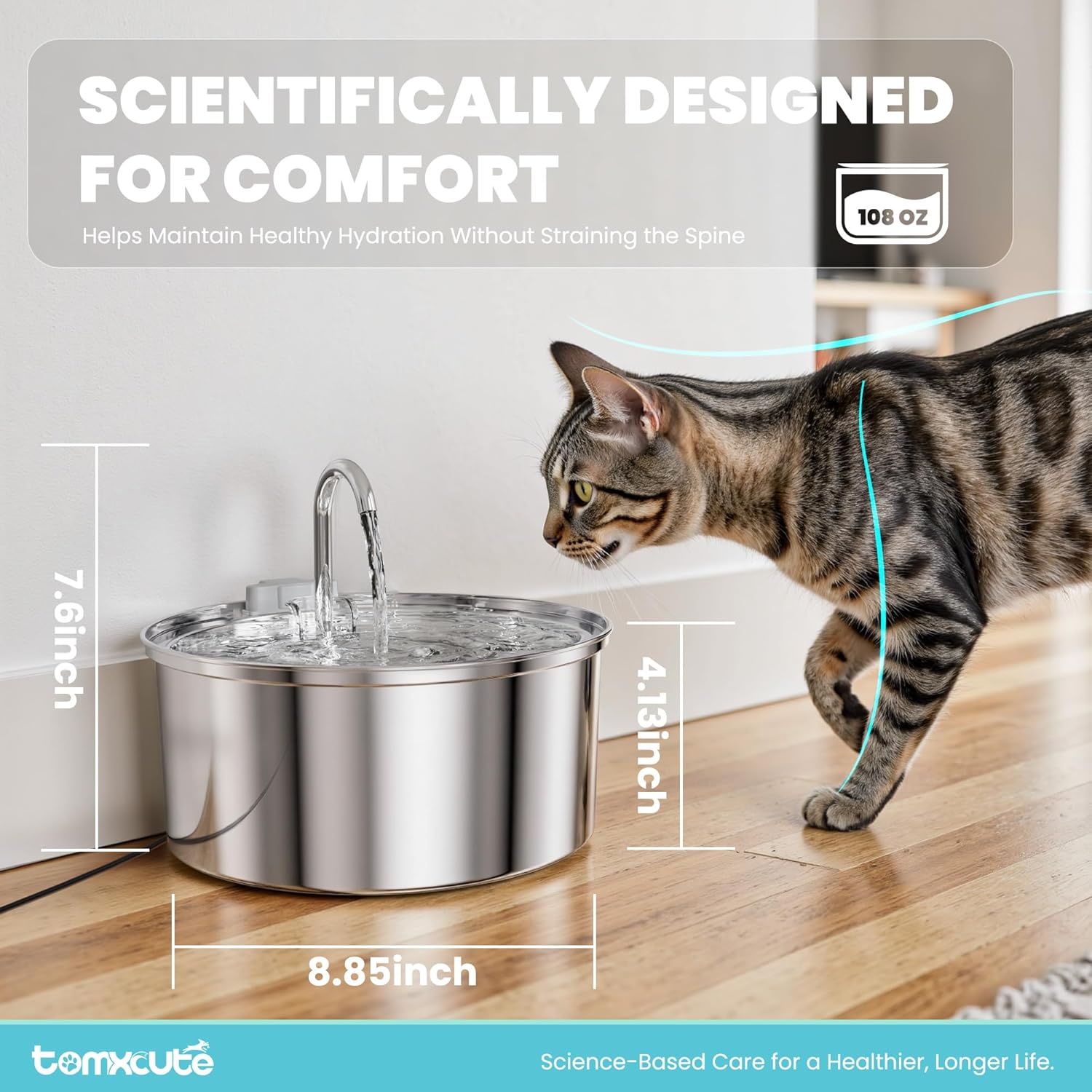 Tomxcute Cat Water Fountain, 3.2L/108oz Automatic Stainless Steel Pet Fountain Dog Water Dispenser, Ultra-Quiet Pump and 3 Replacement Filters & for Cats, Dogs, Multiple Pets - Image 5