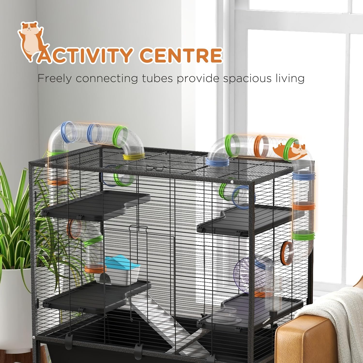 PawHut 32" Large Hamster Cage with Storage Shelf, Rat Cage for Syrian Hamster, Gerbils, with Tubes, Running Wheel, Food Dish, Water Bottle - Image 3
