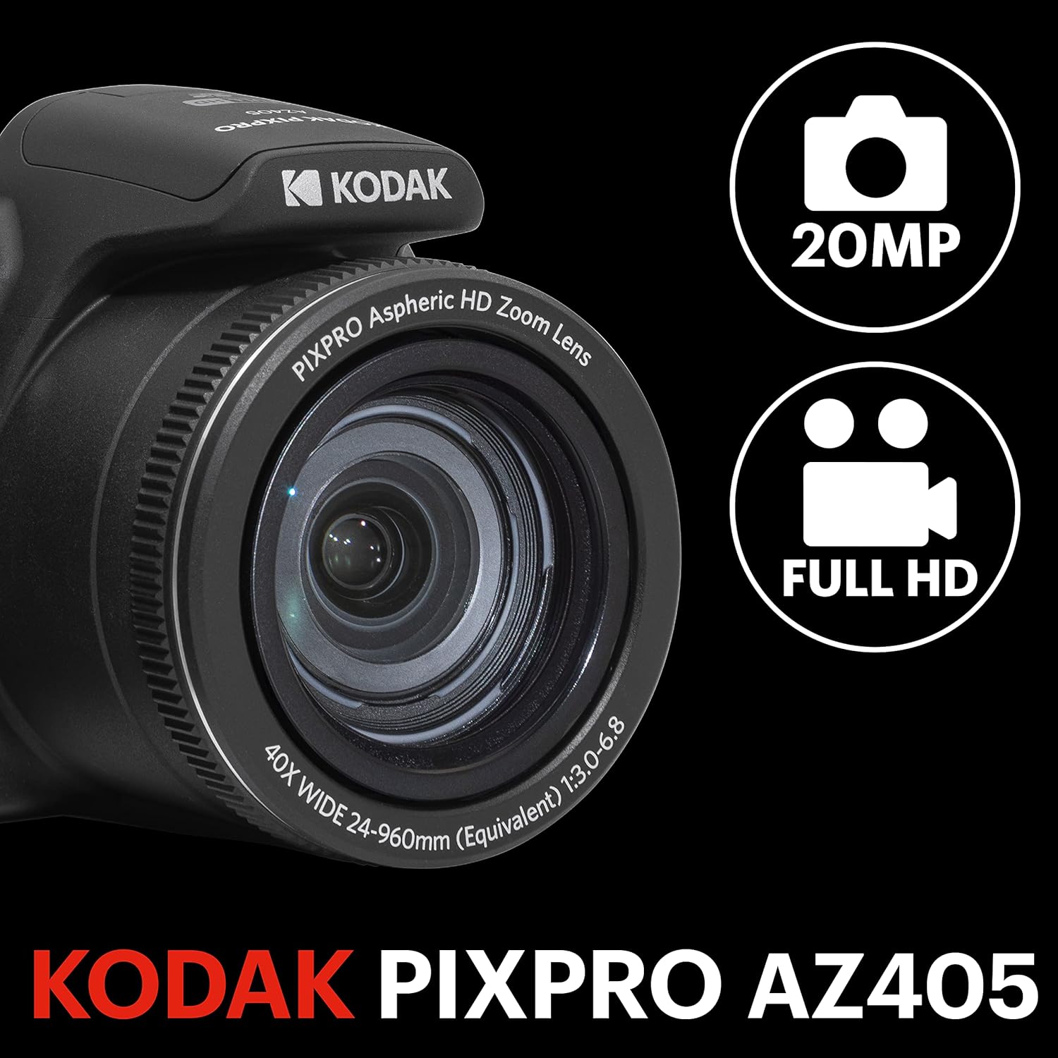 Kodak PIXPRO AZ405 Digital Camera, 40x Optical Zoom Bridge with 20MP Sensor, AA Batteries, OIS, 1080p Full HD Video, Black - Image 2
