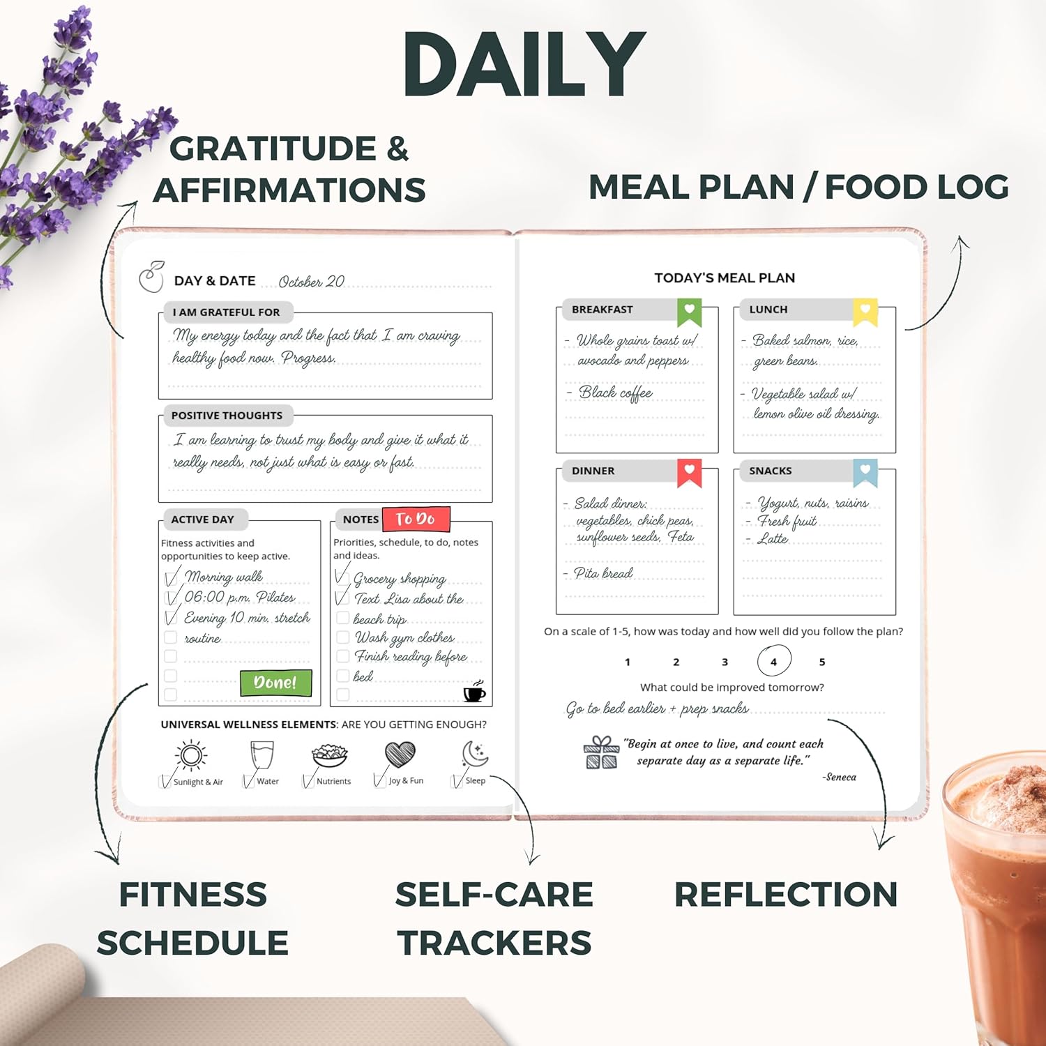 Life & Apples Wellness Planner - Food Journal and Fitness Diary with Daily Gratitude and Meal Planner for Healthy Living and Self-Care - Track Weight Loss Diet and Health Goals - Undated, Rose Gold - Image 2