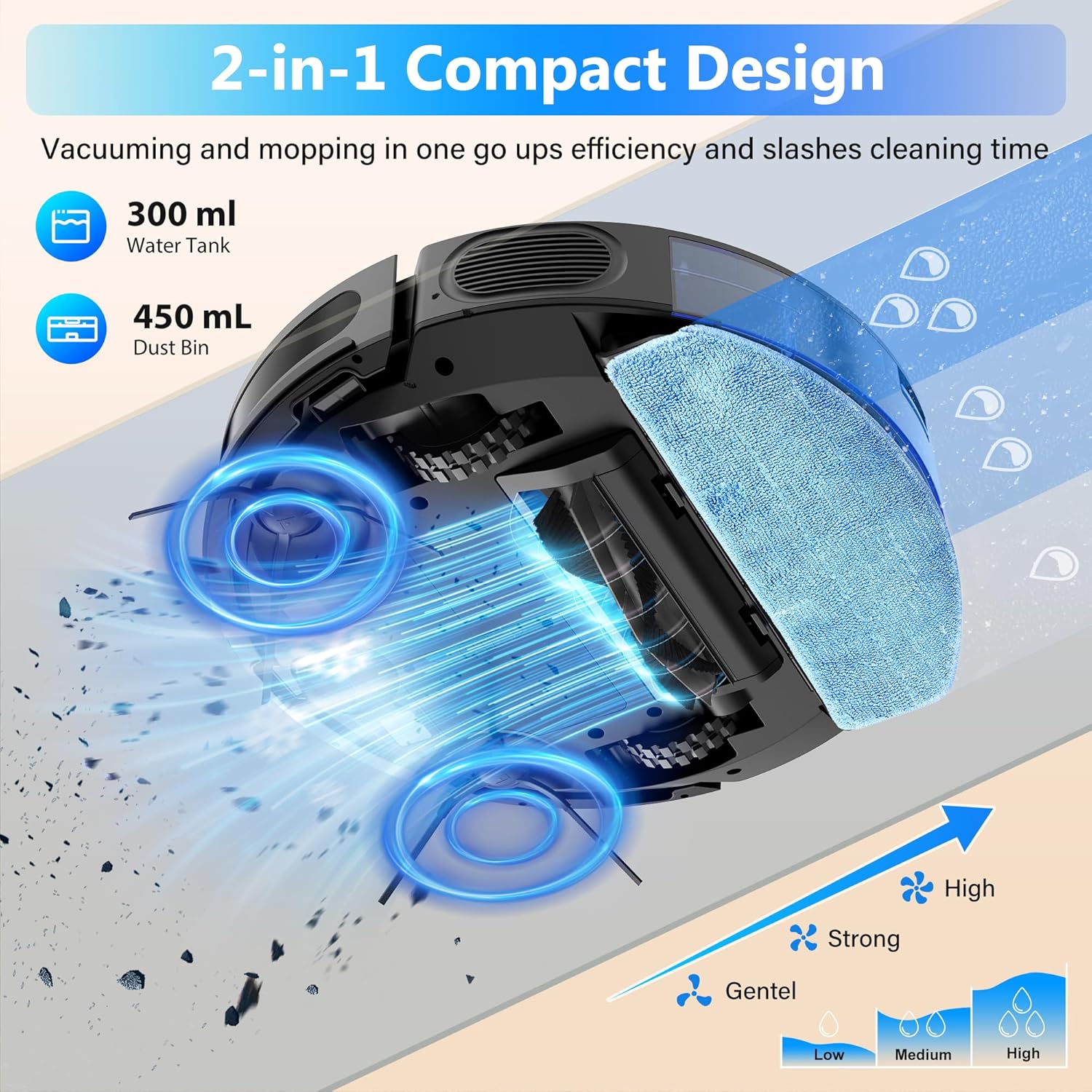 Tikom Robot Vacuum and Mop Combo, 5000Pa Robotic Vacuum Cleaner, 150 Min Max, App & Remote Control, Ideal for Hard Floor, Carpet, Pet Hair, Self-Charge(G8000 Max) - Image 3
