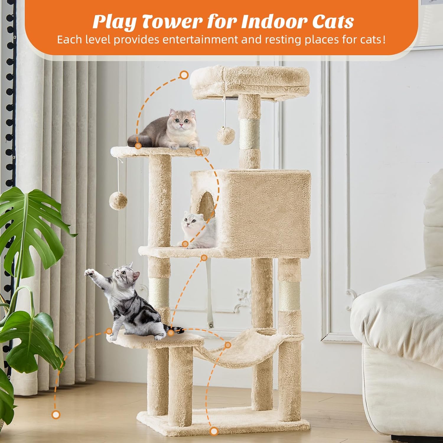 Sweetcrispy 44 Inch Cat Tree Tower, Cat Climbing Tower with Natural Sisal Scratching Posts, Hammock, Pet Condo for Indoor Cats and Kittens Play, Beige - Image 2