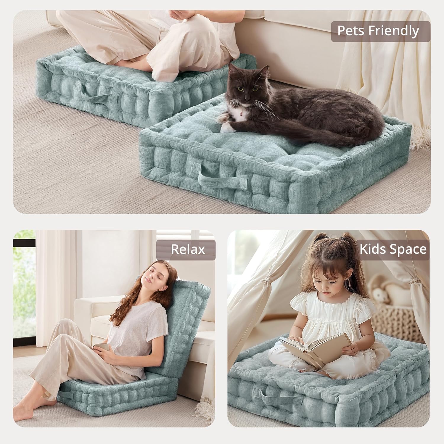 Intelligent Design Large Floor Pillow for Adults Yoga or Meditation Cushion with Handle, Floor Cushion for Board Games, Lustrous Chenille Tufted, Handsewn Scalloped Edge, Azza, 24" x 24" x 5" Aqua - Image 8