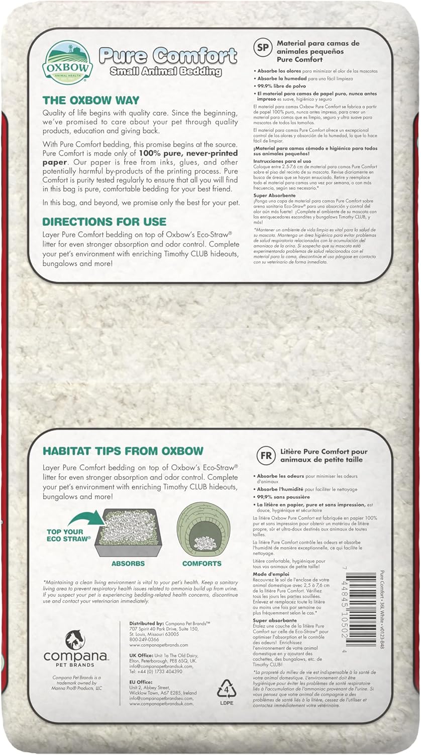Oxbow Pure Comfort Small Animal Bedding, Odor & Moisture Absorbent Litter for Bunny Litter Box, Low Dust Bedding for Guinea Pig Cage, White Paper, 36 Liter Bag - Image 2