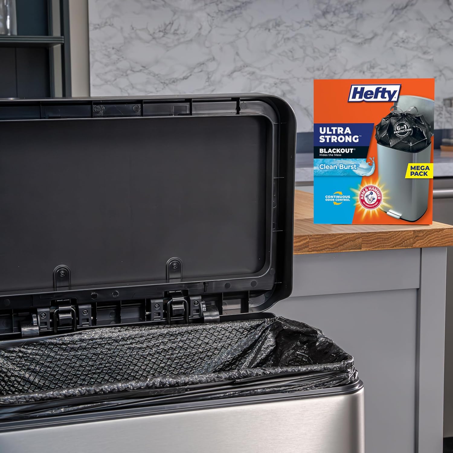 Hefty Ultra Strong Trash Bags, Black Tall Kitchen Trash Bags 13 Gallon Size, Break Resistant Drawstring Enclosure, Continuous Odor Control, Blackout, Clean Burst Scent, 80 Bags - Image 2