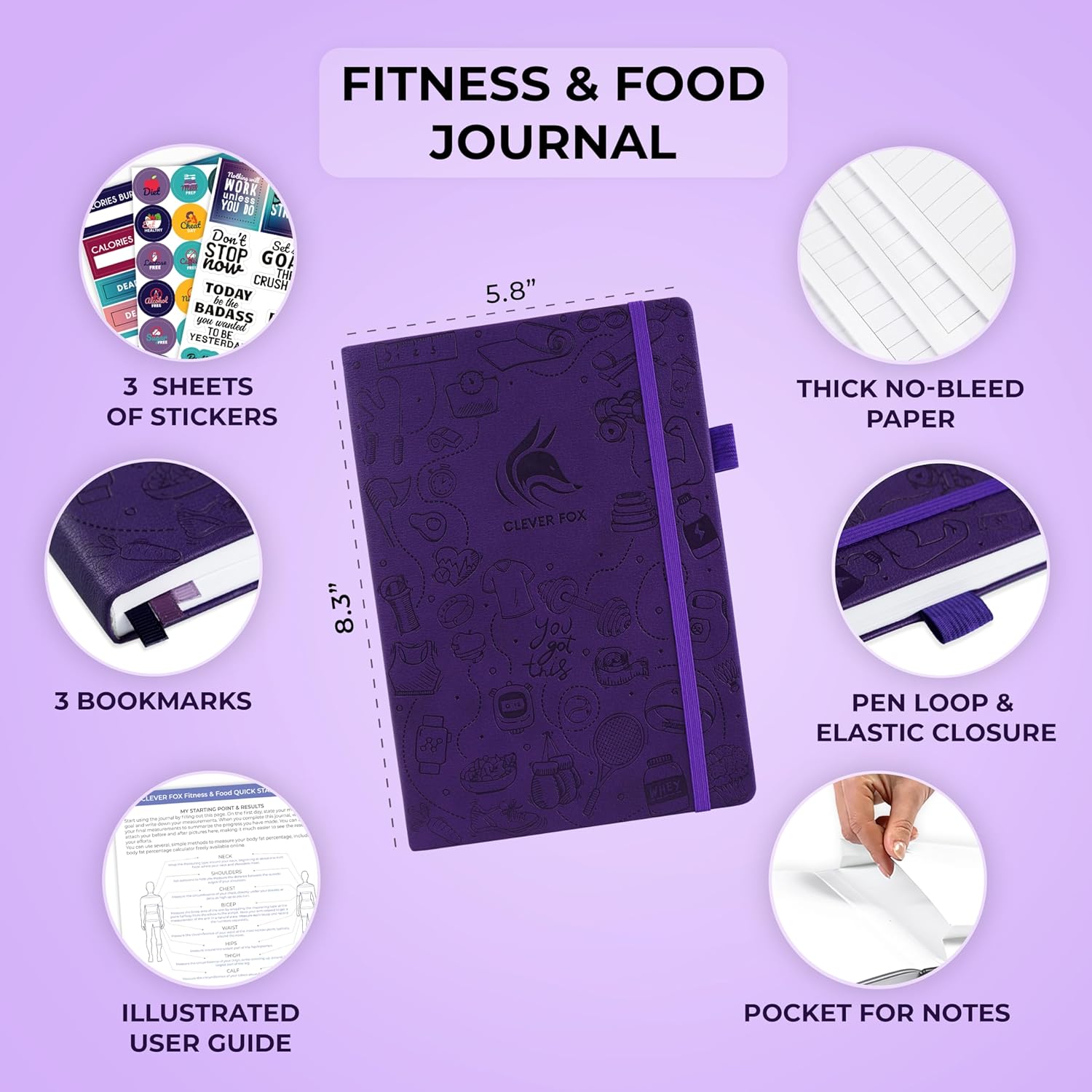 Clever Fox Fitness & Food Journal – Nutrition & Workout Planner for Women & Men – Diet & Gym Exercise Log Book with Calendars, Diet & Training Trackers - Undated, A5 Size, Hardcover (Purple) - Image 2