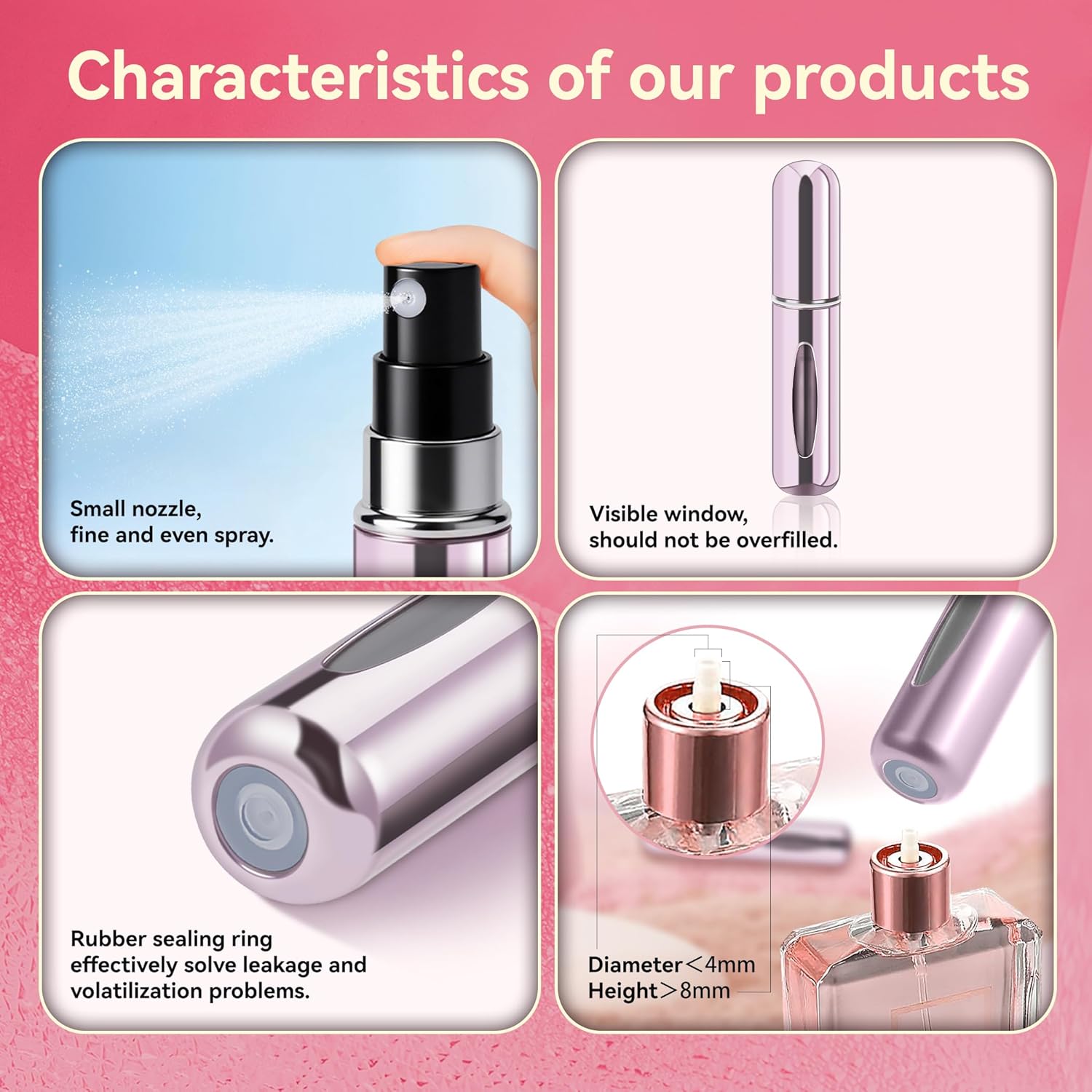 Refillable Perfume Portable Atomizer Bottle Refillable Perfume Spray, Travel Perfume (5ml, 4 Pack) (Silver, Pink, Gold, Black) - Image 3