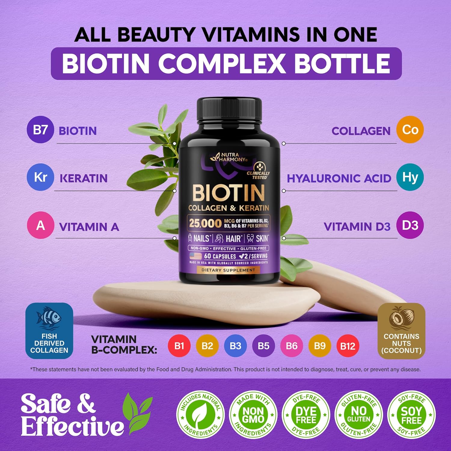 NUTRAHARMONY Biotin | Collagen | Hyaluronic Acid | Keratin - Support Normal Hair Growth Cycle - Skin & Nails - 25000mcg Vitamins B1, B2, B3, B6 & B7 - for Women & Men - Made in USA | 60 Capsules - Image 4