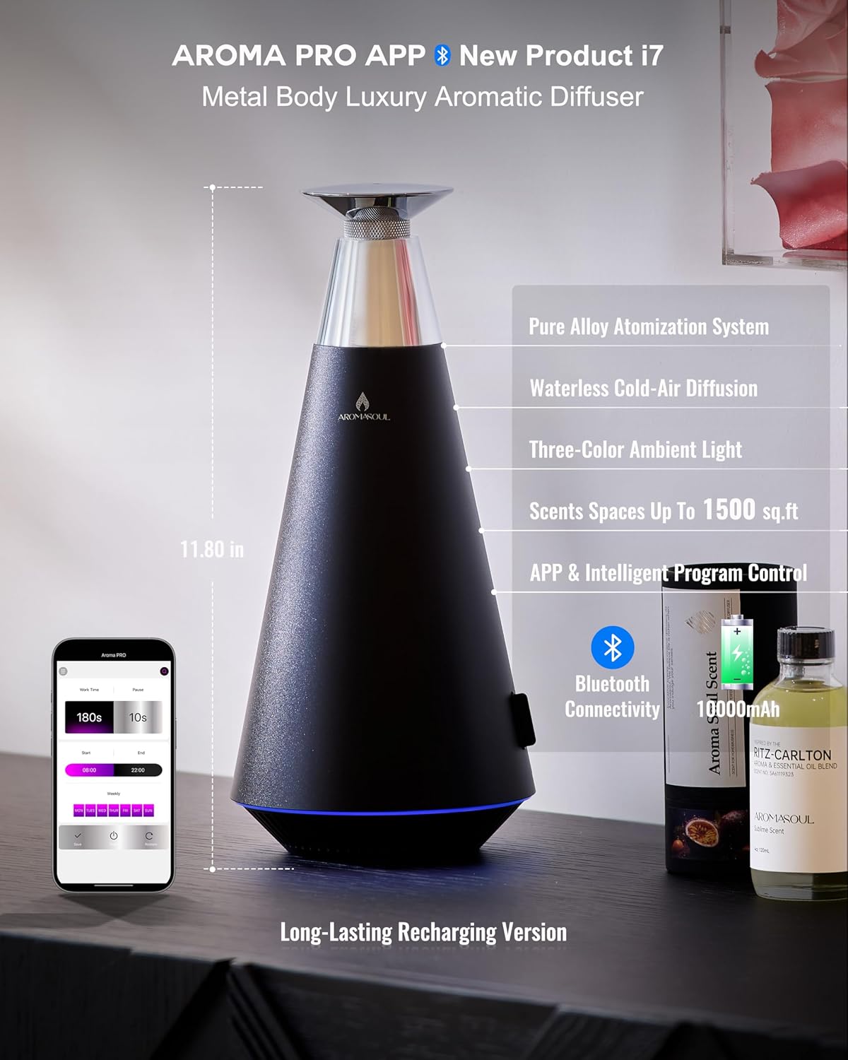 Wireless Rechargeable Waterless Scent Diffuser Starter Kit - 1500 Sq Ft Coverage,Alloy Atomization System,Mood Light, Hotel Scent Diffuser, Including 120ml Essential Oil, for Home,Large Room,Spa,Black - Image 2