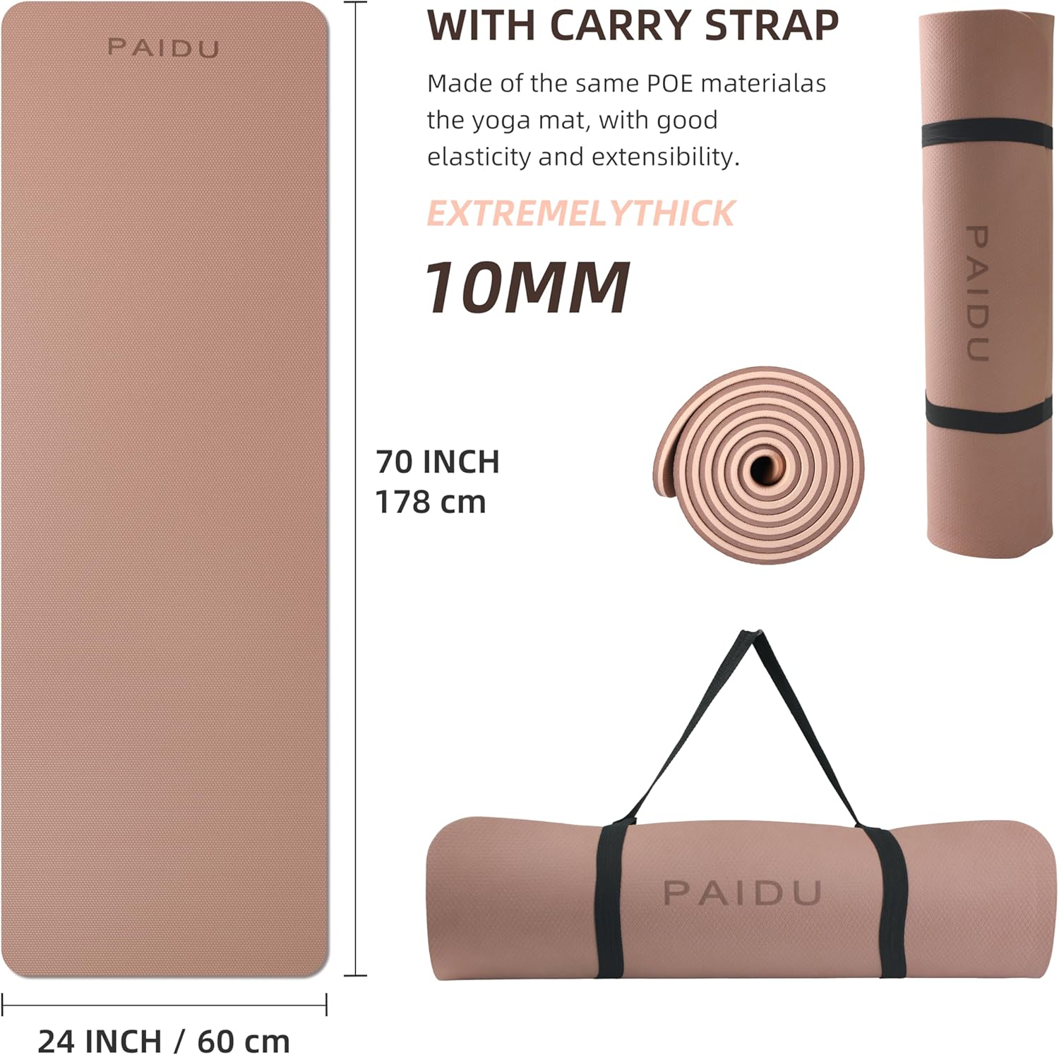 Yoga Mat Non Slip Anti-tear,extra thick-2/5 inch(10MM)High Resiliency Professional POE Yoga Mats for Women Men Kids,72"x24"inch,Workout, Yoga, Pilates and Floor Exercise, with Carrier Strap - Image 2