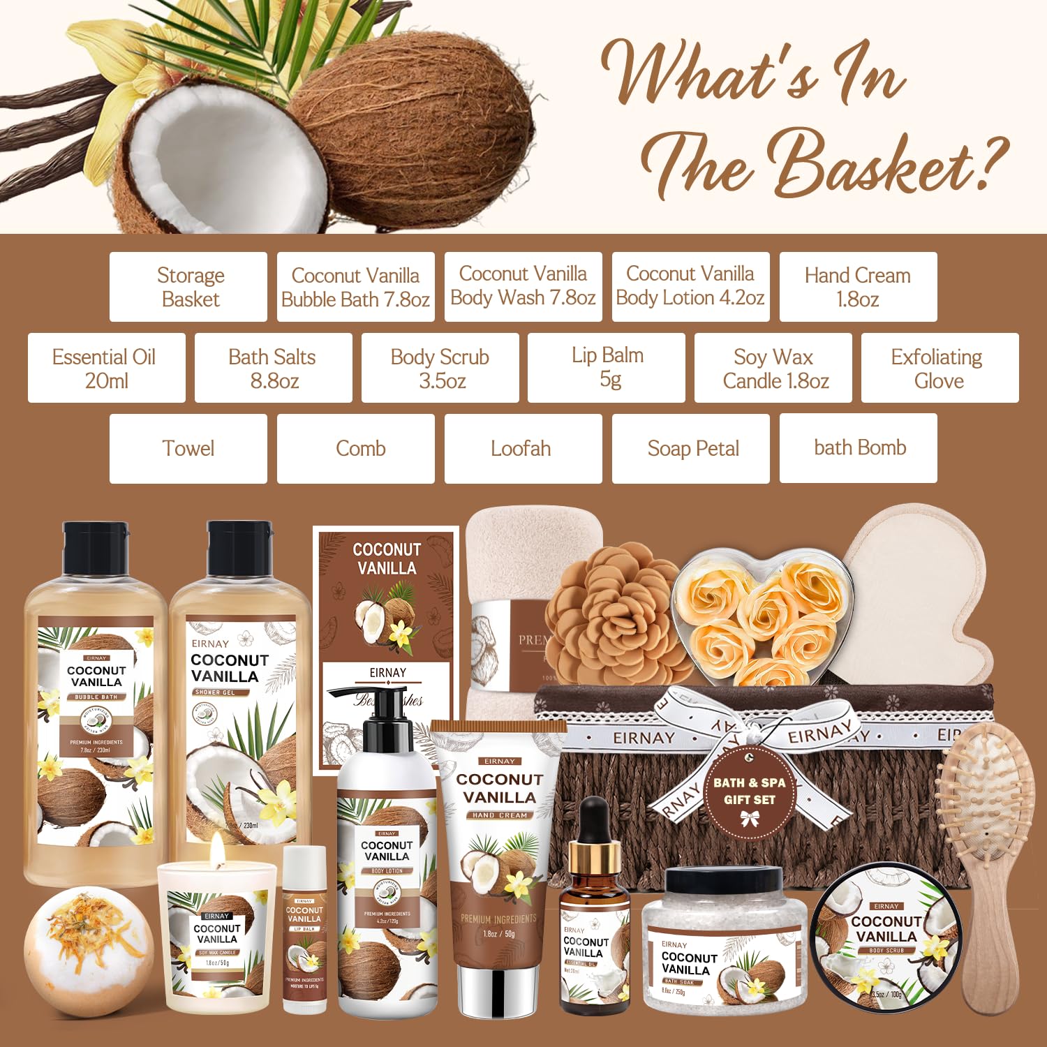 Christmas Gifts For Women - 16 PCS Birthday Gift Basket for Women Set of Coconut Vanilla Self Pampering Set, Includes Luxurious Home Spa Shower Gel Bubble Bath - Image 2