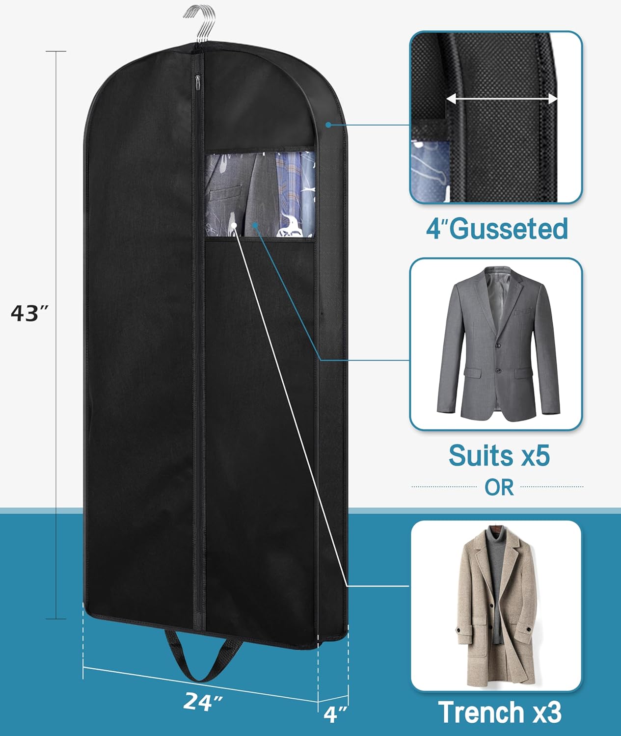 KIMBORA 43" Suit Bags for Closet Storage and Travel, Gusseted Hanging Garment Bags for Men Suit Cover With Handles for Clothes, Coats, Jackets, Shirts(3 Packs) - Image 2