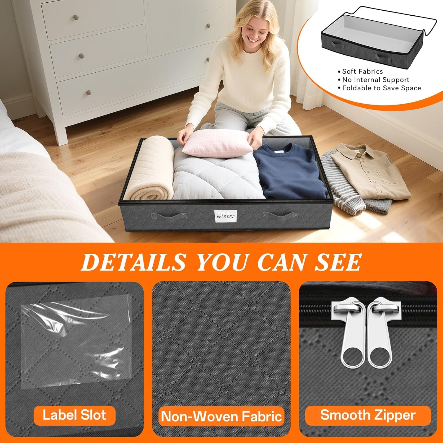 SpaceWhisper 90L Under Bed Storage Containers, 4-Pack Storage Bins with Clear Top, Foldable Closet Organizers and Storage with Label Holder for Clothing, Blankets, Comforter & Pillows (Grey) - Image 4