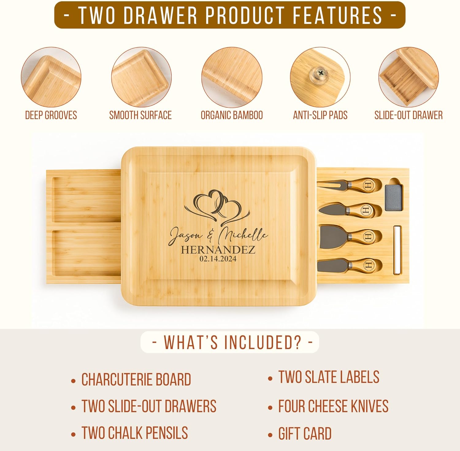 Personalized Bamboo Charcuterie Board Set with Accessories – Custom Large Serving Tray with Knives for Wedding, Anniversary, Bridal Shower, Women, Housewarming, Retirement, Couples Gift for Her, Him - Image 5