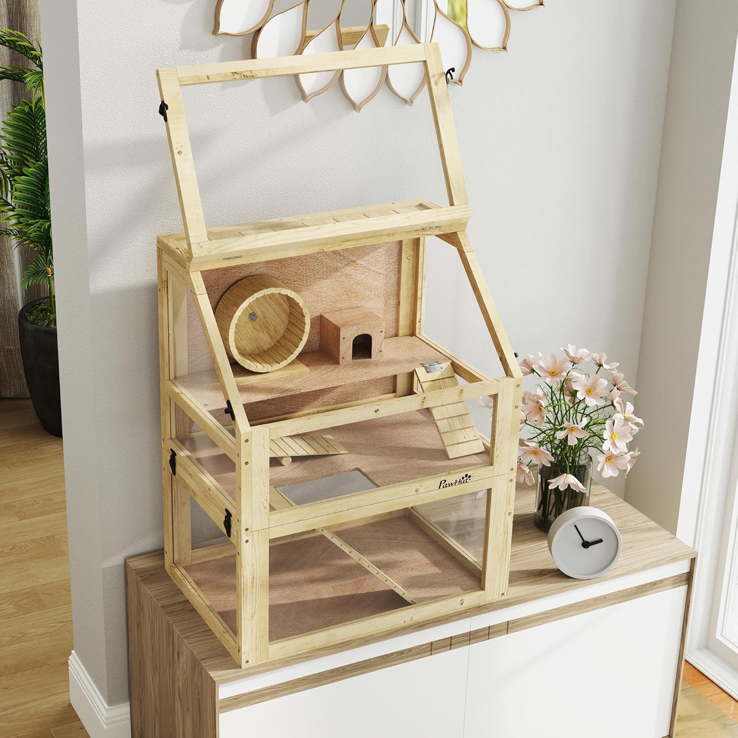 PawHut Wooden Hamster Cage, 3 Tier Small Animal Cage with Detachable 12.6" Deep Bottom, Hut, Seesaw, Exercise Wheel, Ramps, Hamster Habitat for Dwarf, Gerbil, 24" x 16" x 29.5" - Image 9