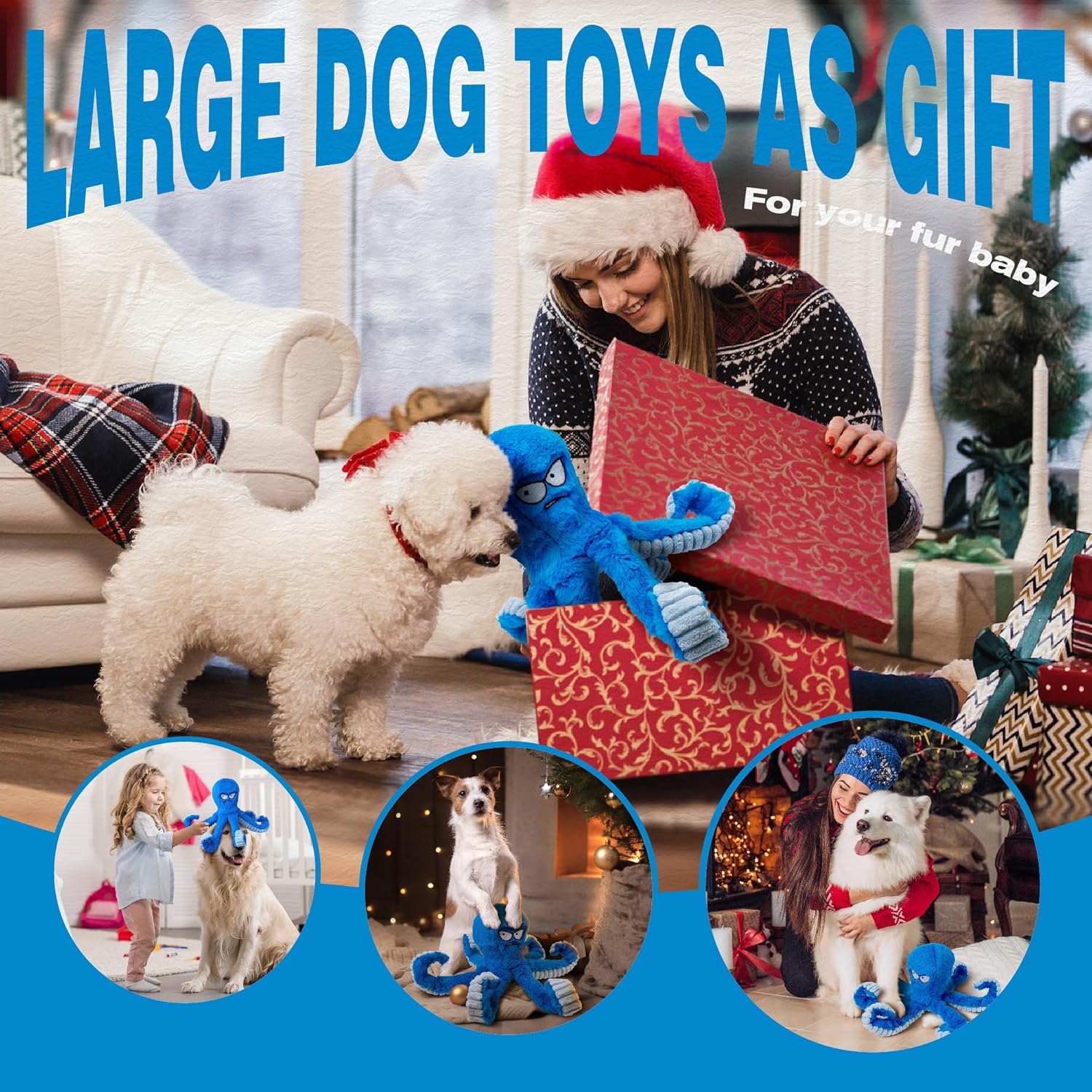 LEGEND SANDY Tough Dog Toys, Stuffed Chew Large Dog Toys to Keep Them Busy, Interactive Squeaky Tug of War Doggie Toy, Crinkle Blue Octopus - Image 7