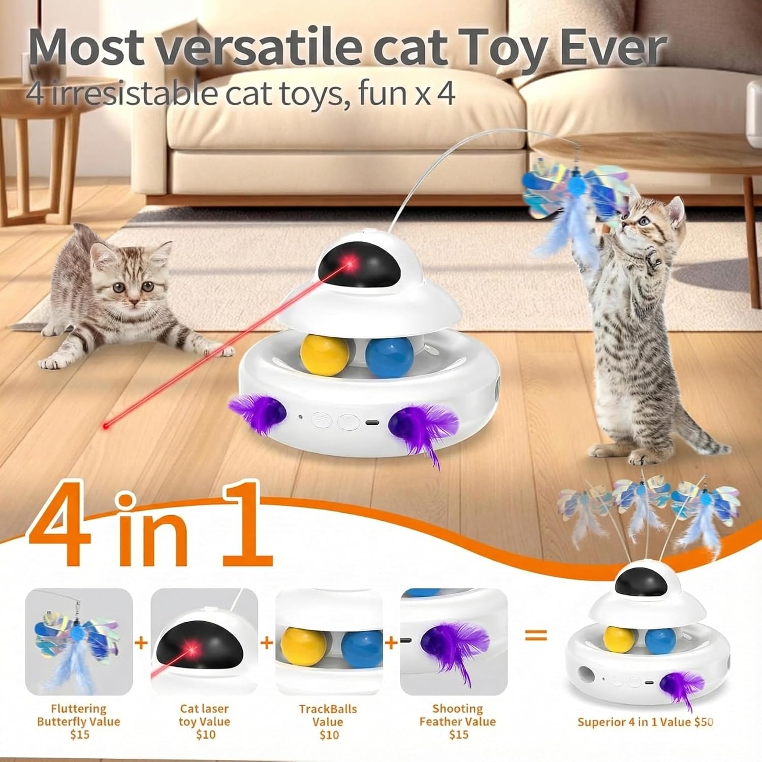 Interactive Cat Toys for Indoor Cats,4-in-1 Automatic Kitten Toy with Laser, Fluttering Butterfly, Moving Feather & Track Balls, USB Rechargeable Self-Play Electronic Toy for Kittens & Adults - Image 3