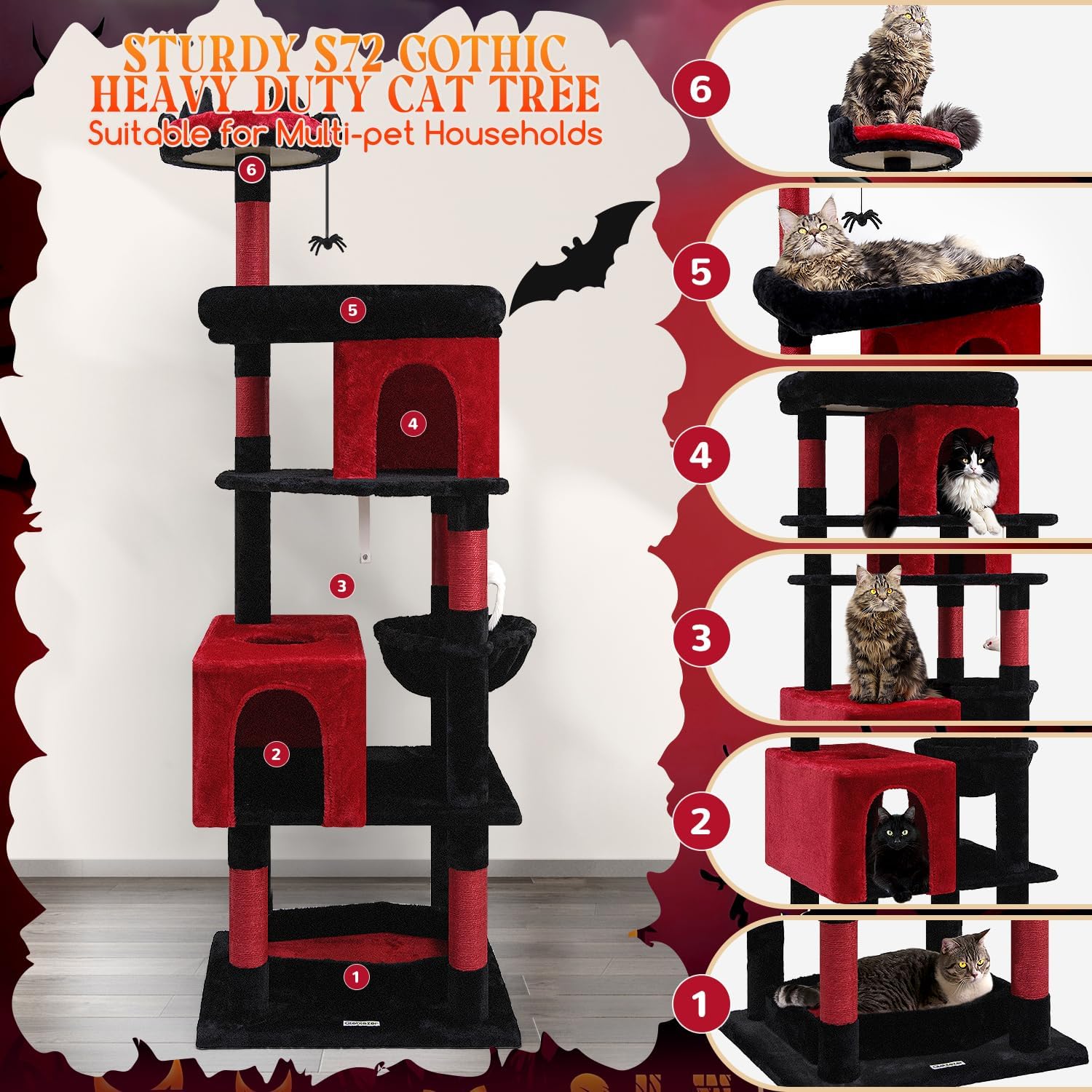 Globlazer Heavy Duty Gothic Cat Tree, 72in Large Cat Tower with Coffin Bed, Sturdy Maine Coon Cat Tree for Large Cats 20 lbs+, Medieval Castle Style with 6 Scratching Posts & Hammock, S72, Black & Red - Image 5