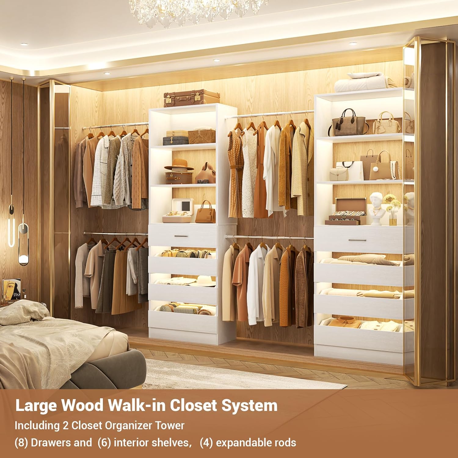 Aheaplus Closet System, 6-15Ft Closet Organizer with 8 Wooden Drawers, Wood Closet Organizer System with Tower, Walk-in Closet Organizer Wardrobe Clothes Rack with 4 Hanging Rods, Garment Rack, White - Image 6