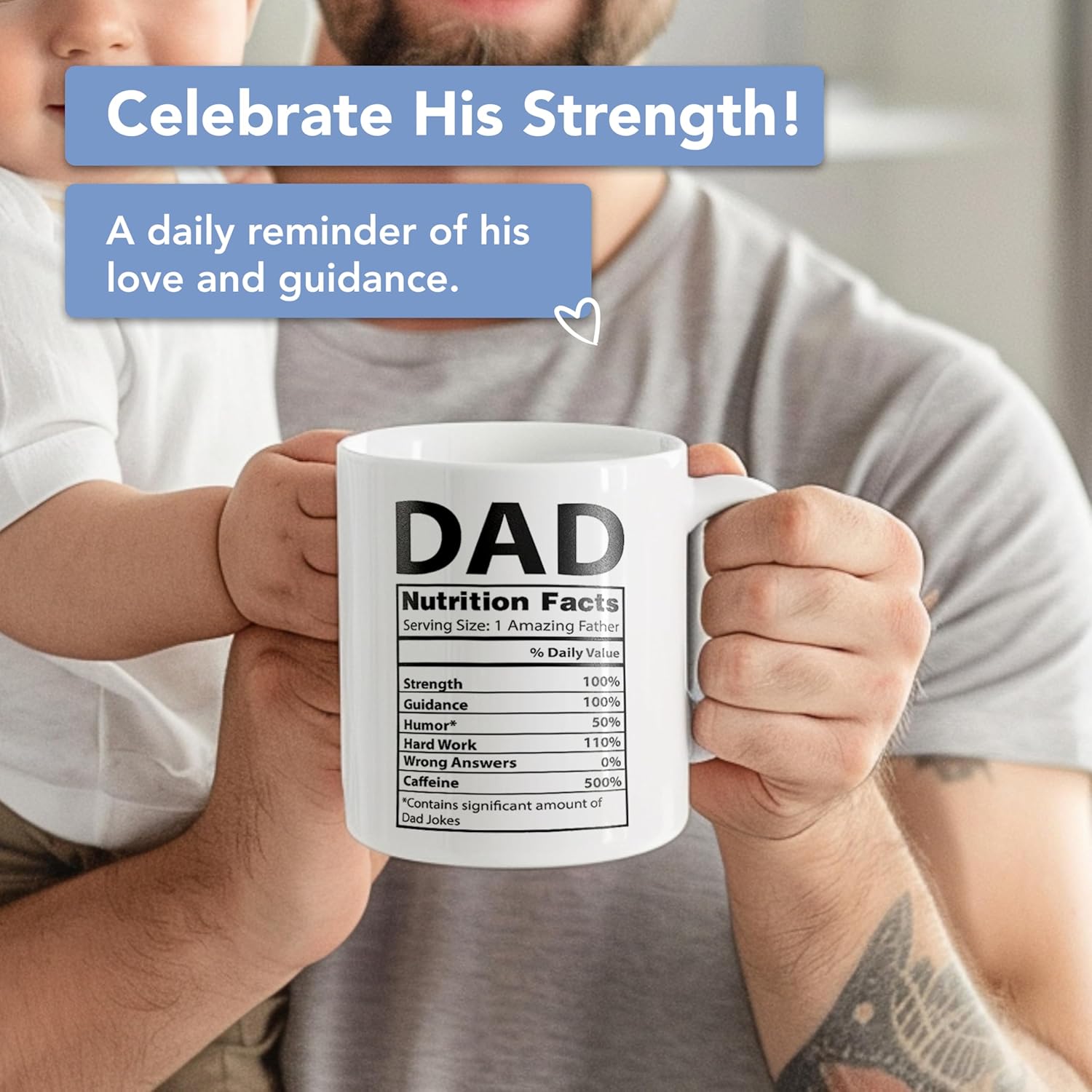 Funny Gifts for Dad - 11 oz Ceramic Dad Coffee Mug from Daughter or Son - Daddy Cup with Nutritional Facts - Thoughful Birthday or Father’s Day Present - White Mug for Morning Coffee - Image 5