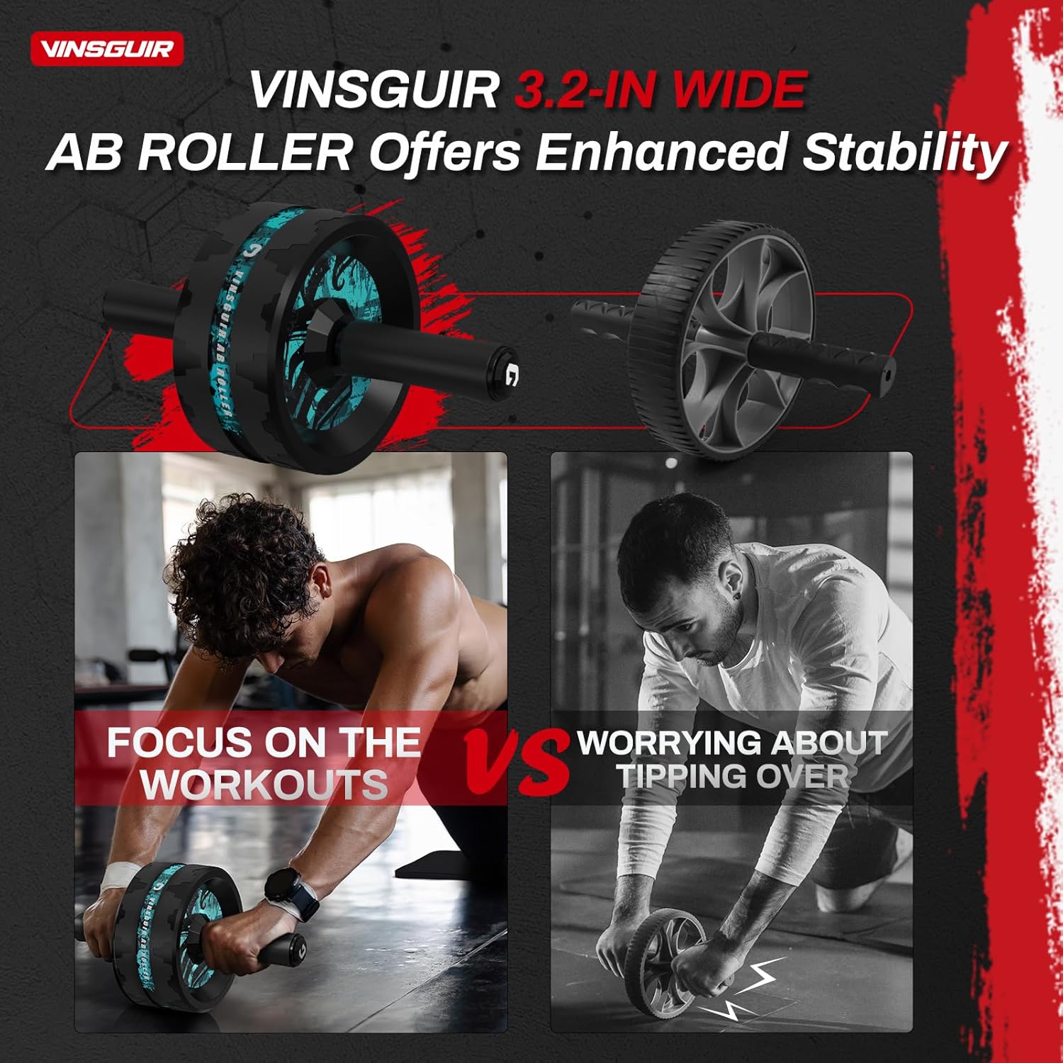 VINSGUIR Ab Roller Wheel, Abs & Core Workout Equipment for Home Gym with Knee Pad Accessories, Abdominal Wheel for Full-body Strength Training - Image 2