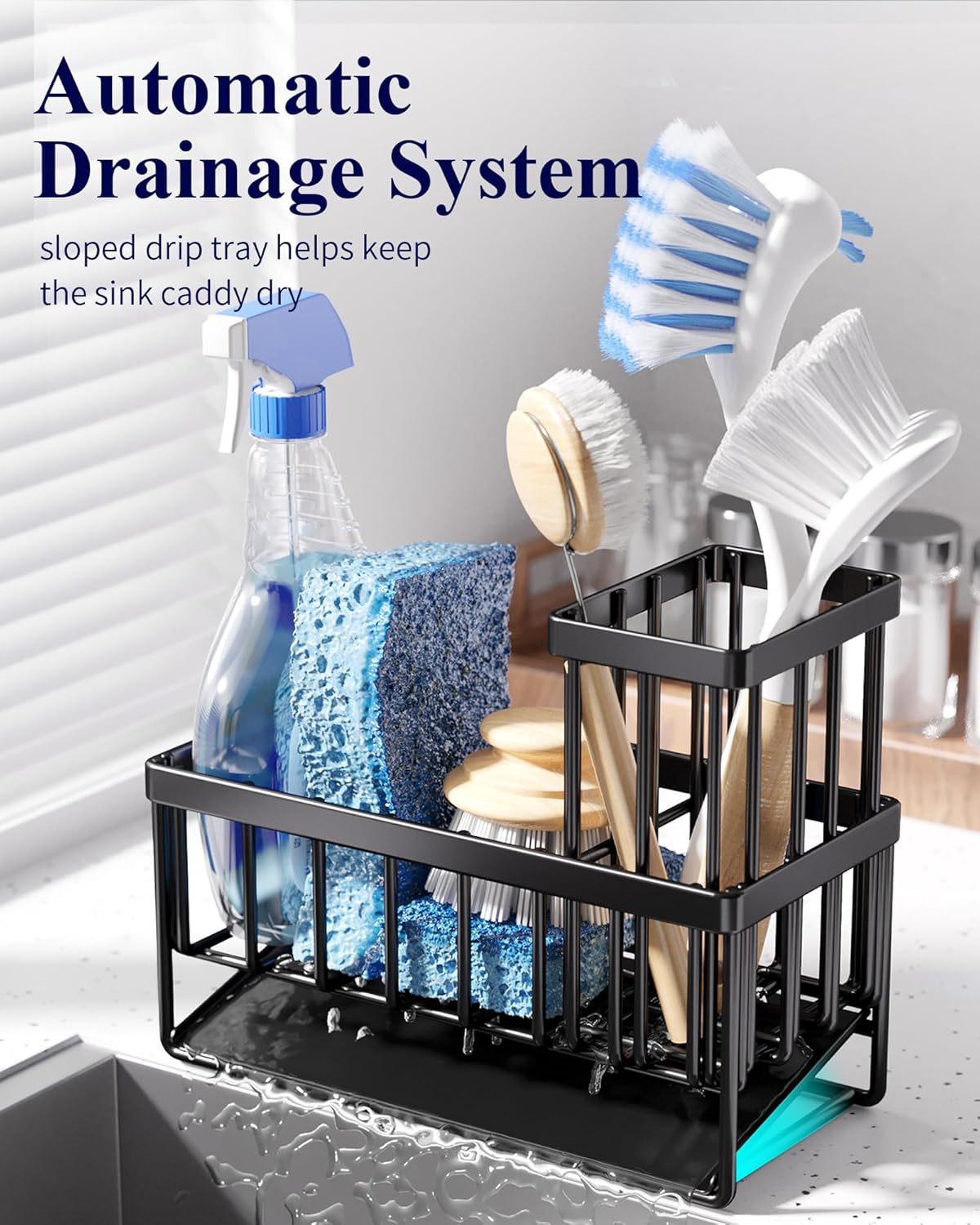 Kitsure Sponge Holder for Kitchen Sink - Rustproof Stainless Steel Sink Caddy Organization and Storage Essentials with High Brush Holder, Home Decor Accessories, 7.9" x 3.7" x 6.2", Black - Image 3
