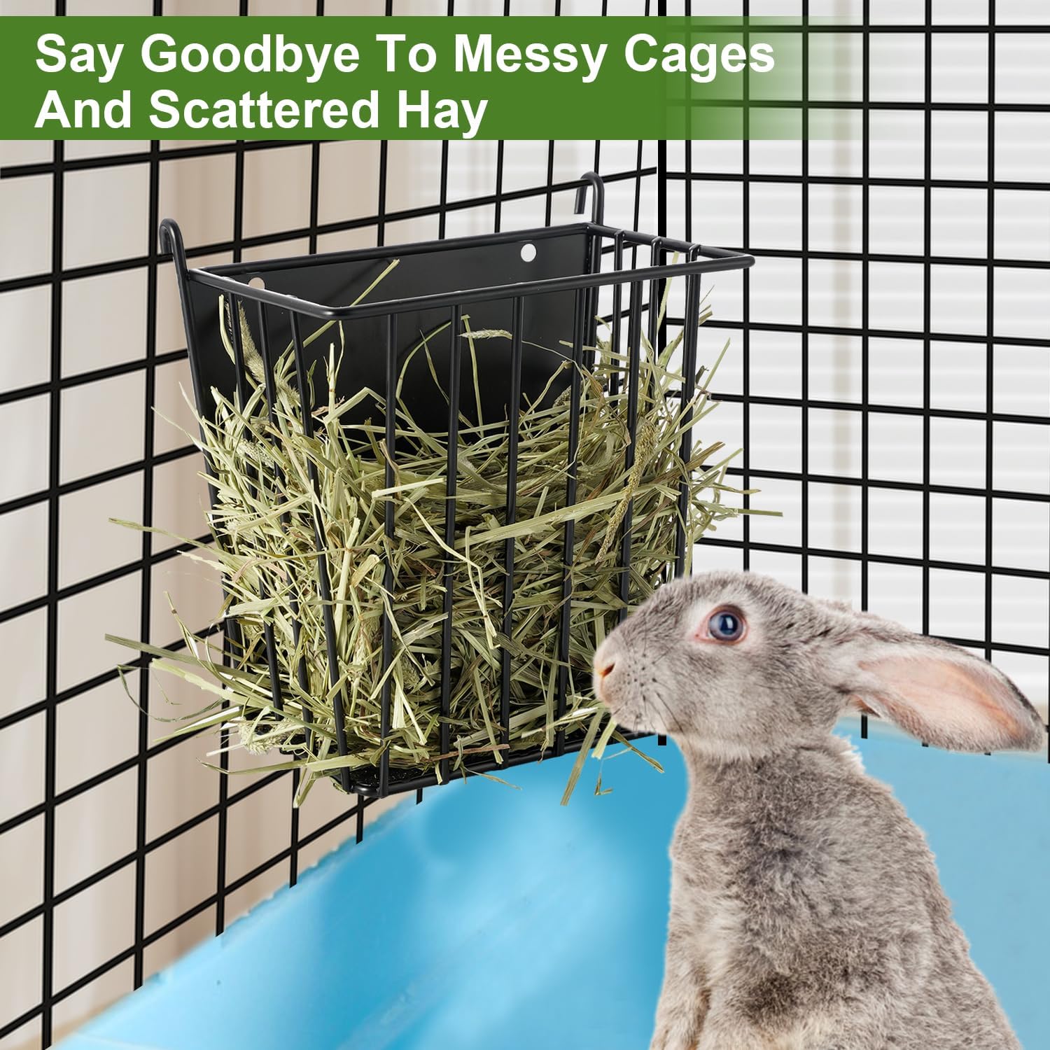 Upgrades 2pcs Hay Feeder Rabbit - Guinea Pig - Metal Frame Hay Rack with Adjustable Hook - Less Wasted - for Guinea Pig, Bunny, Chinchilla Cage Accessories - Bunny Feeder - Image 4