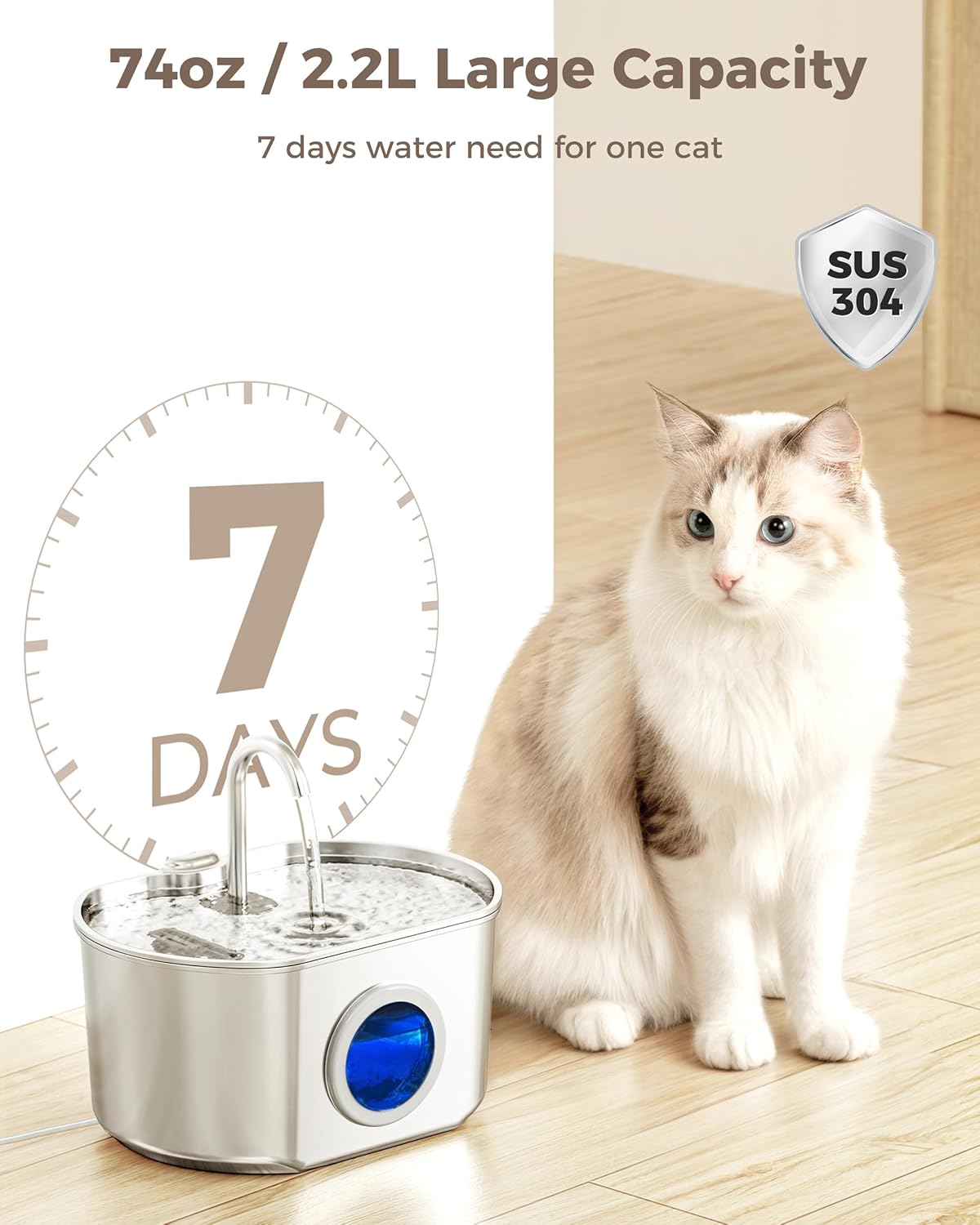 Cat Water Fountain Stainless Steel: 74oz/2.2L Cat Fountain for Drinking- Pet Water Fountain Inside - Automatic Dog Watering Dispenser Bowl - Pet Feeding & Watering Supplies - Water Level Window - Image 2