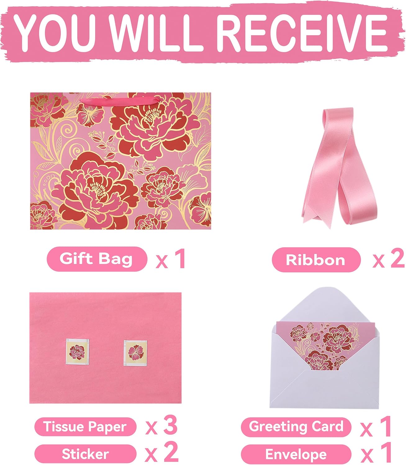 16.5" Extra Large Rose Pink Gift Bag Set with Greeting Card and Tissue Paper(Foil Traced Flowers) for Celebrating Birthdays, Mother's Day, Valentine's Day, Weddings, Anniversary - 16.5”x5.5”x12.6”, 1 Pcs. - Image 3