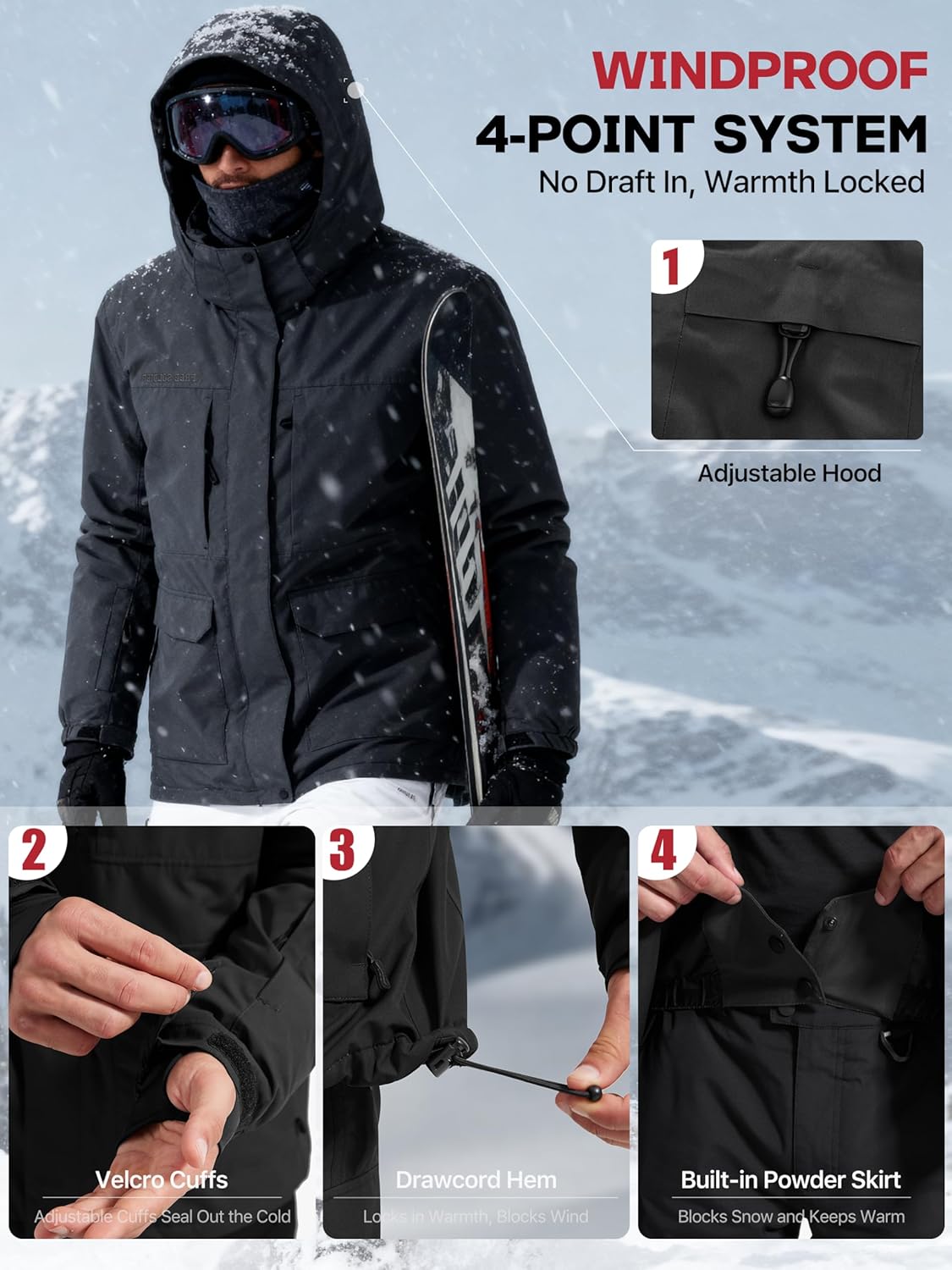 FREE SOLDIER Men's Waterproof Ski Jacket Fleece Lined Warm Winter Snow Coat with Hood Fully Taped Seams - Image 5