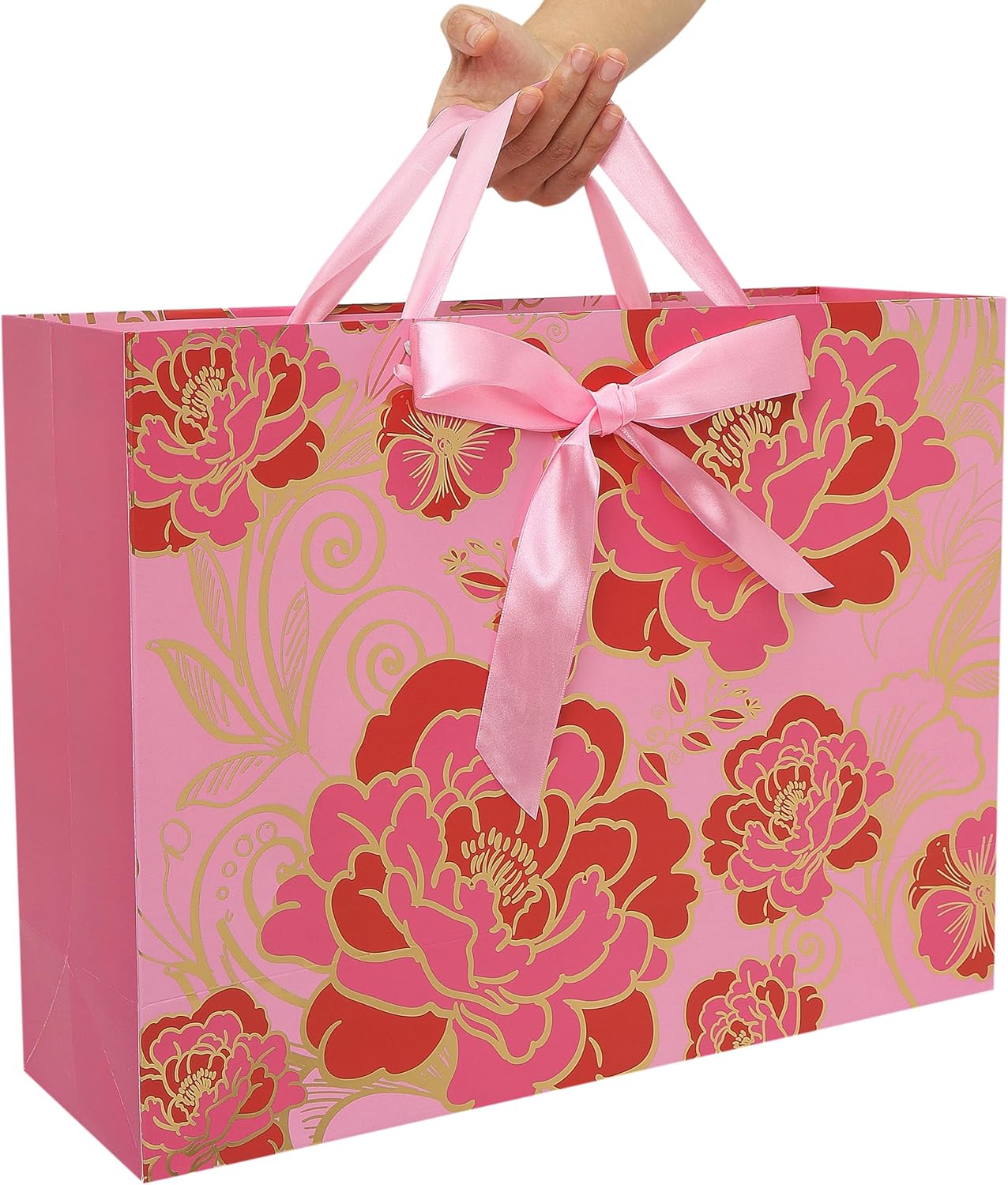 16.5" Extra Large Rose Pink Gift Bag Set with Greeting Card and Tissue Paper(Foil Traced Flowers) for Celebrating Birthdays, Mother's Day, Valentine's Day, Weddings, Anniversary - 16.5”x5.5”x12.6”, 1 Pcs. - Image 6