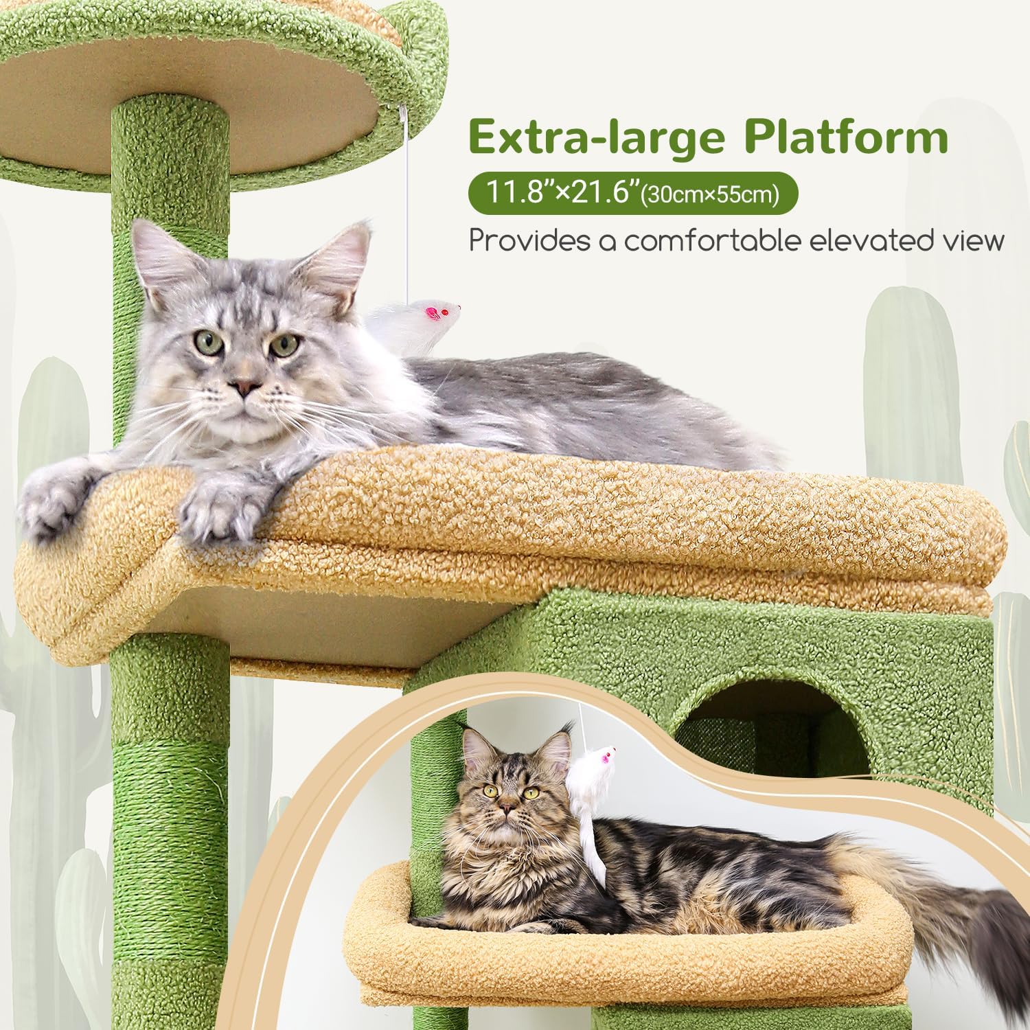 Globlazer Heavy Duty Cactus Cat Tree for Large Cats, Sturdy 72in Maine Coon Cat Tree for Large 20 lbs+ Cactus Cat Tower for Adult Biggest Cats with 6 Scratching Posts, Hammock, S72, Green - Image 3