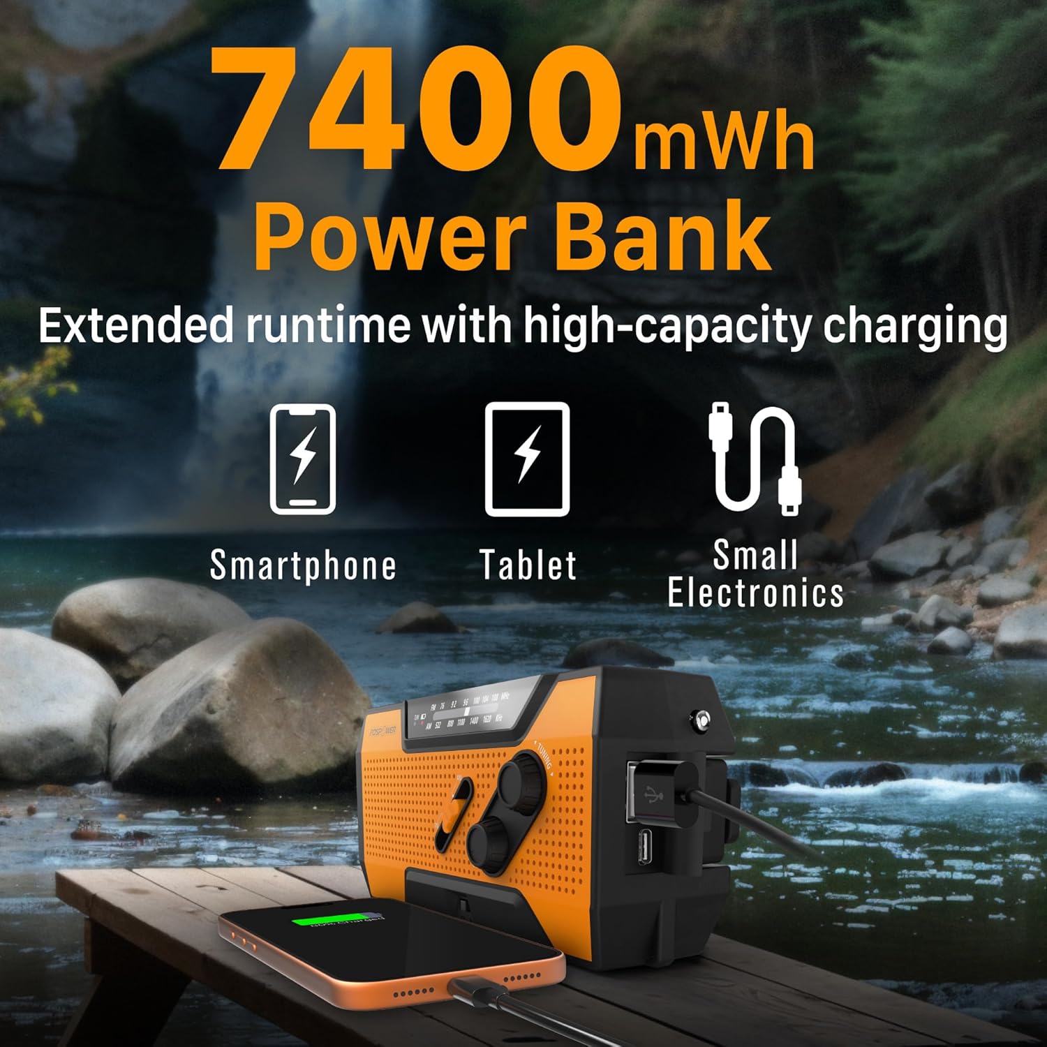 FosPower NOAA Emergency Weather Radio A1 7400mWh Portable Power Bank, AM/FM, USB/Solar/Hand Crank Charging, Battery Operated, SOS Alarm & Flashlight for Indoor/Outdoor Emergency - Orange - Image 3