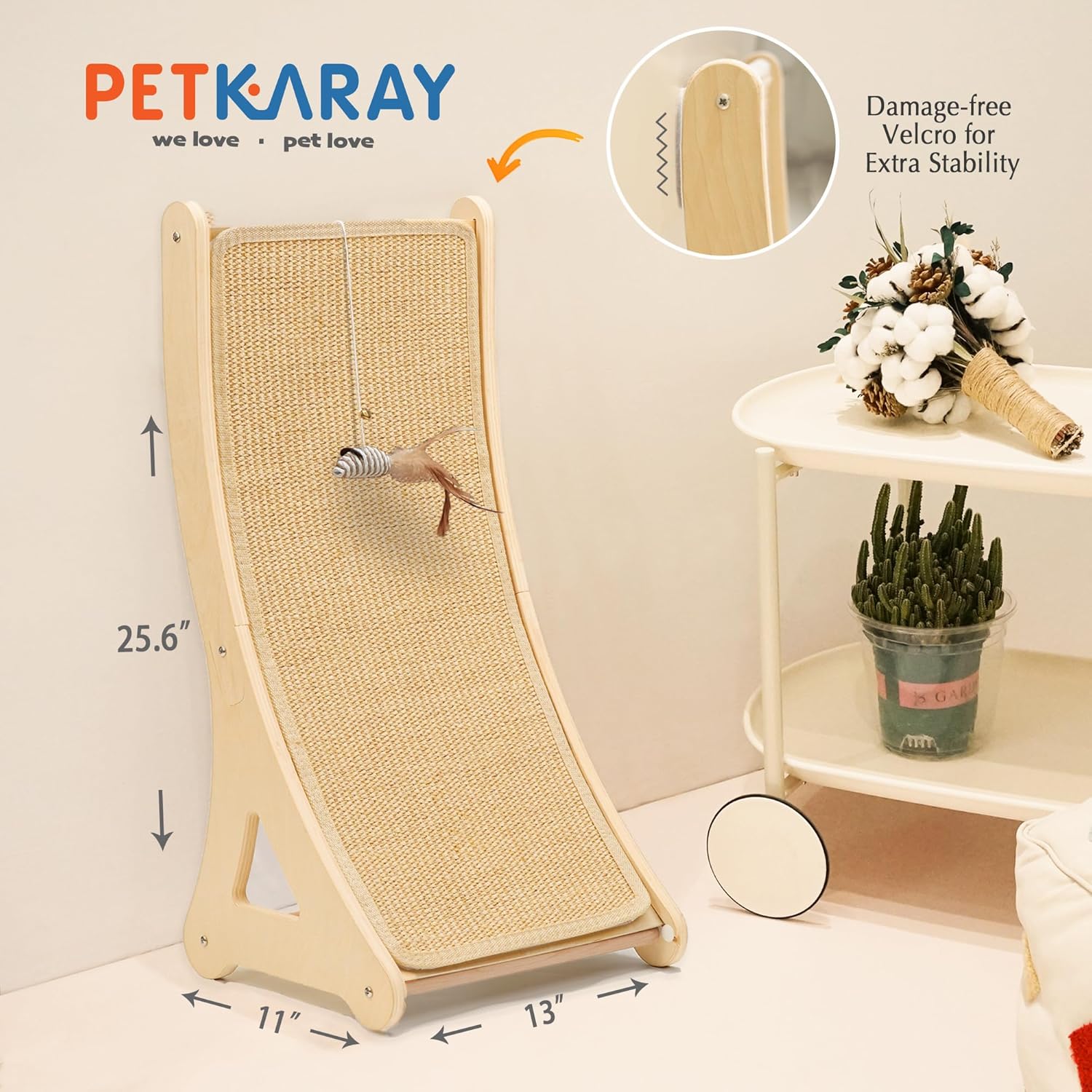 PETKARAY Curved Cat Scratcher, Sisal Kitty Scratching Ramp, L Shape Scratch Pad for Indoor Cats, 25.6" Furniture Protector with Mouse Toy - Image 6