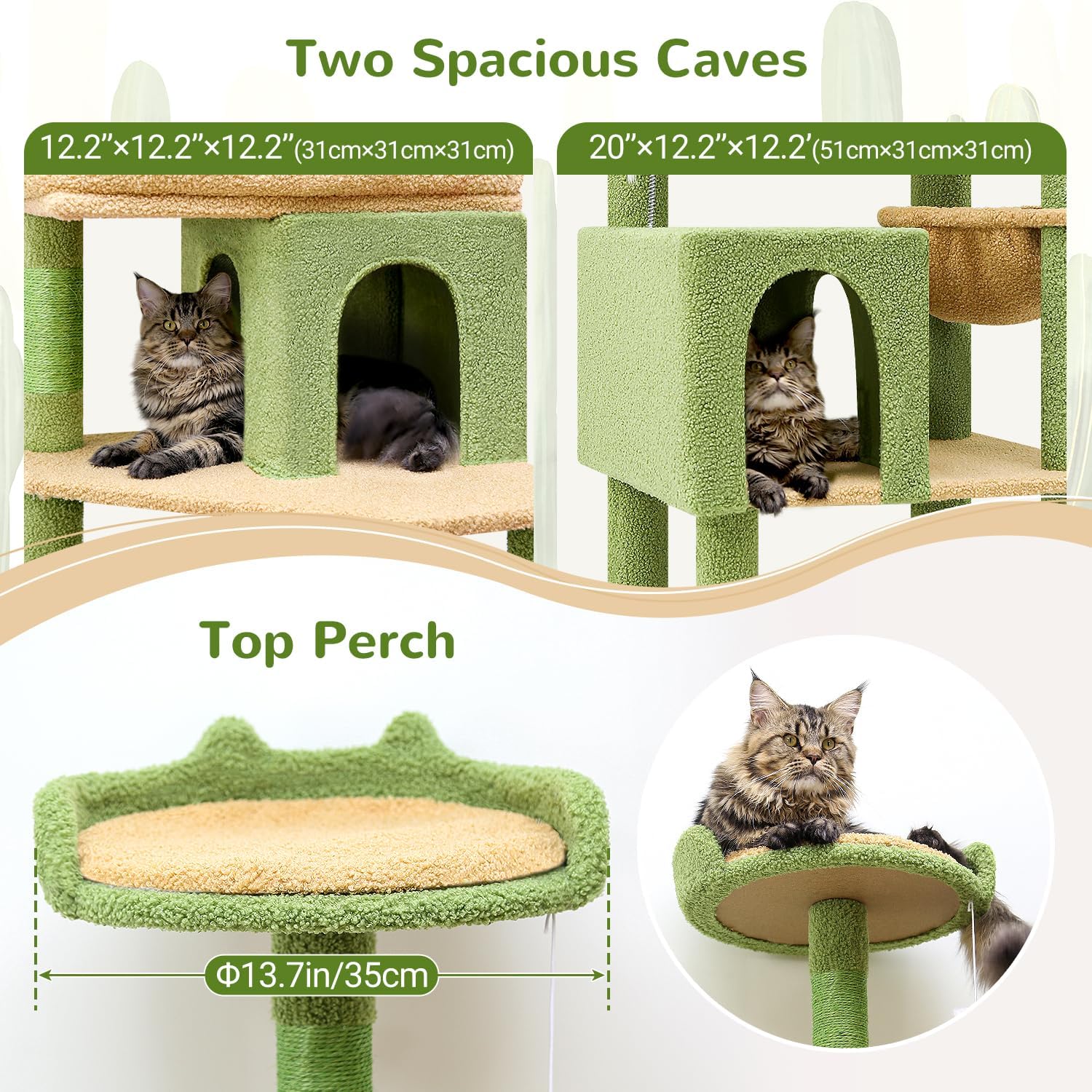 Globlazer Heavy Duty Cactus Cat Tree for Large Cats, Sturdy 72in Maine Coon Cat Tree for Large 20 lbs+ Cactus Cat Tower for Adult Biggest Cats with 6 Scratching Posts, Hammock, S72, Green - Image 4