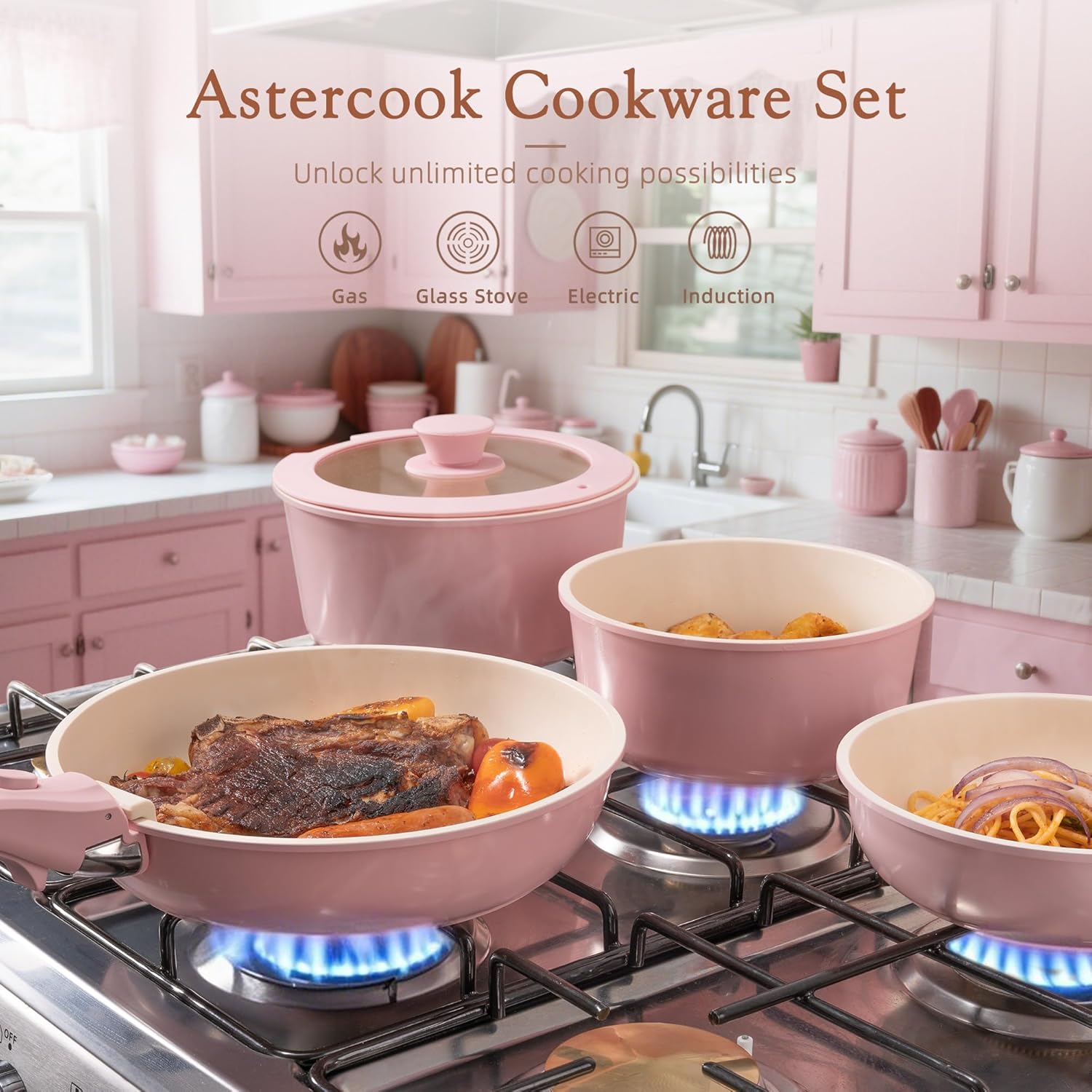 Astercook 21 Pcs Pots and Pans Non Stick Ceramic Cookware Set, Detachable Handles, RV Kitchen Cooking Set, Oven Safe, Induction Ready, Stackable, Pink - Image 2