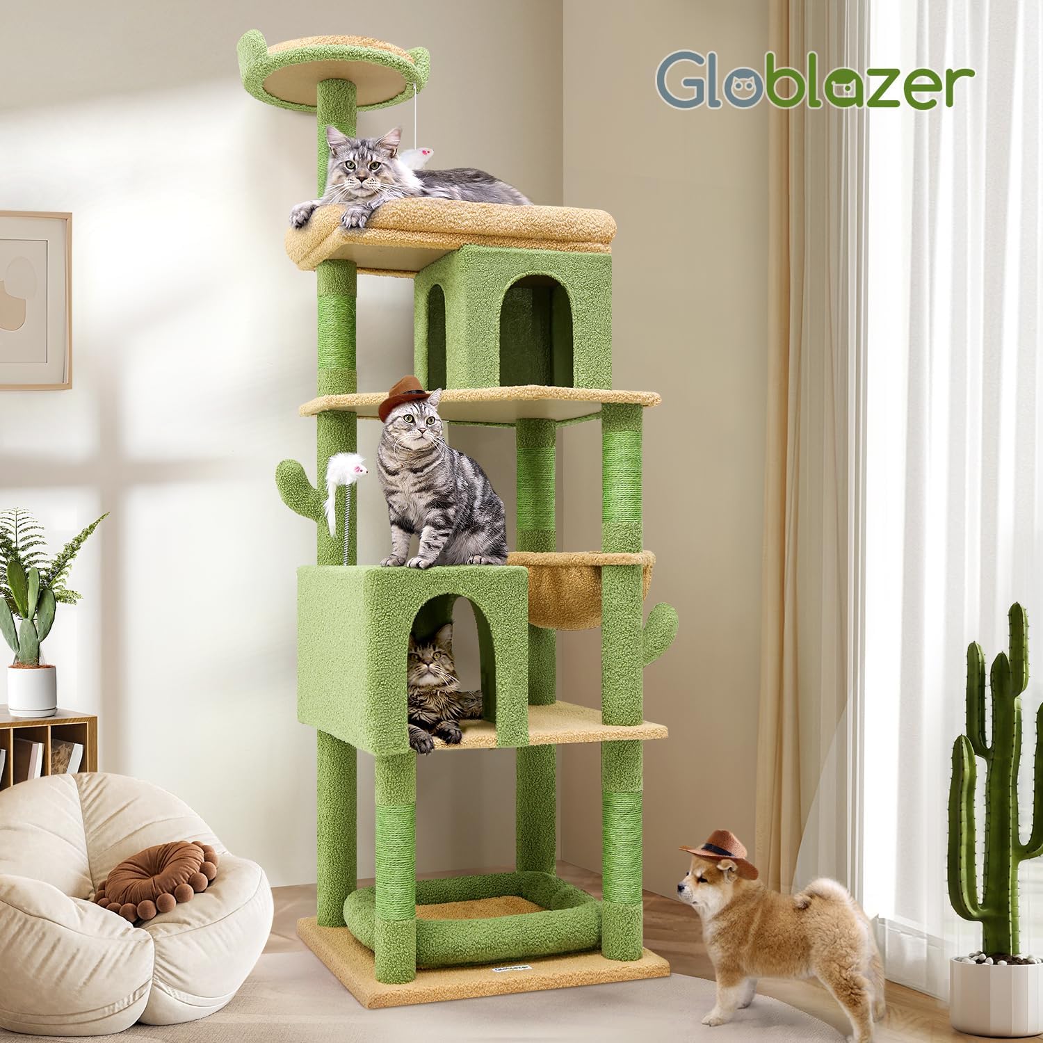 Globlazer Heavy Duty Cactus Cat Tree for Large Cats, Sturdy 72in Maine Coon Cat Tree for Large 20 lbs+ Cactus Cat Tower for Adult Biggest Cats with 6 Scratching Posts, Hammock, S72, Green - Image 8